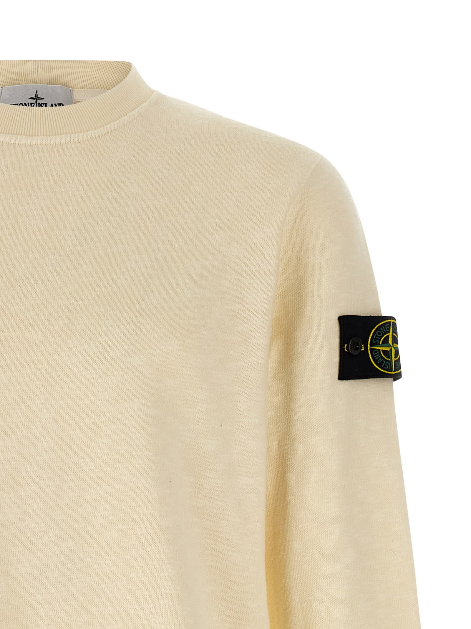 Stone Island Off White Crewneck Logo Sweatshirt In Nude