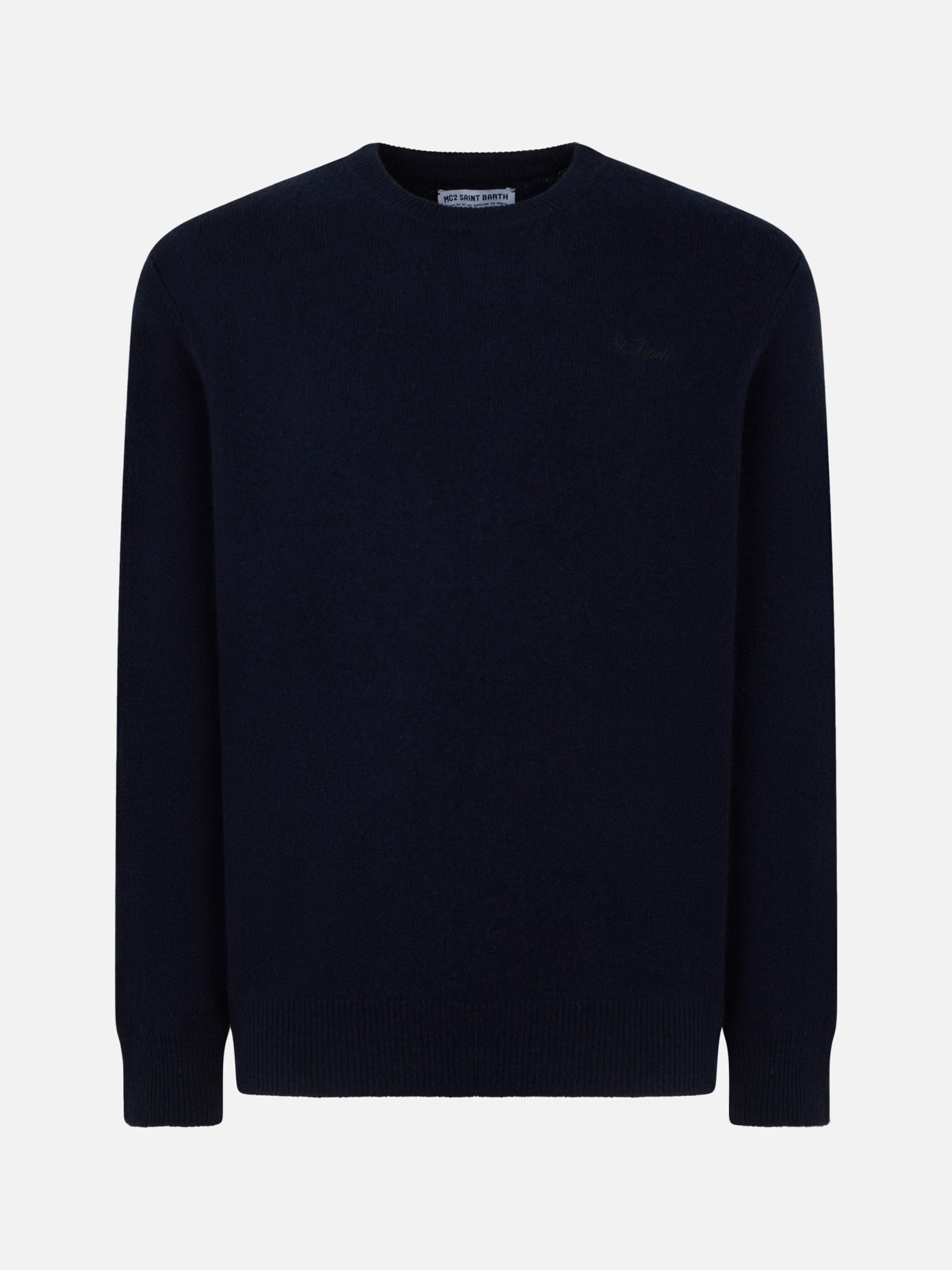 Shop Mc2 Saint Barth Man Crewneck Blue Sweater With St. Barth Embroidery