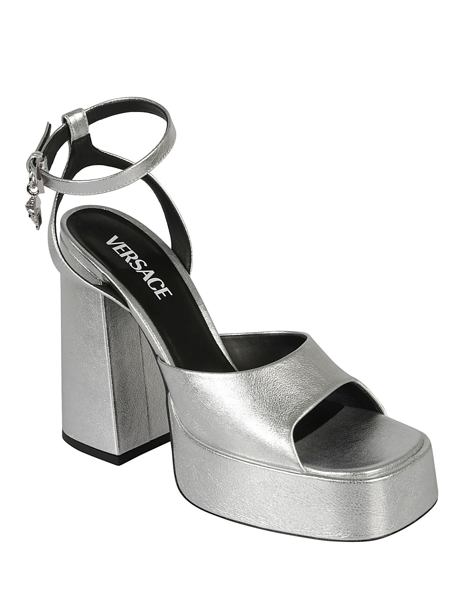 Shop Versace Block Heel Sandals In Silver
