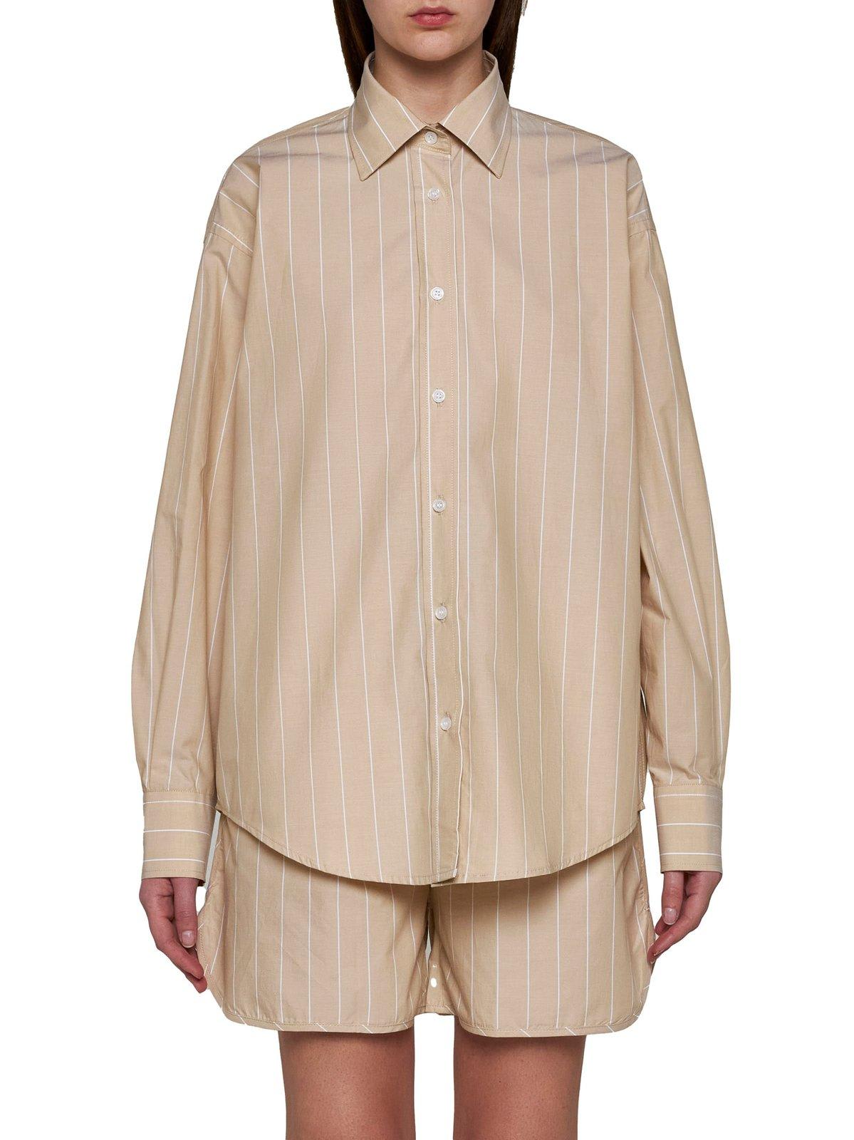 Shop Filippa K Button-up Striped Poplin Shirt In Beige