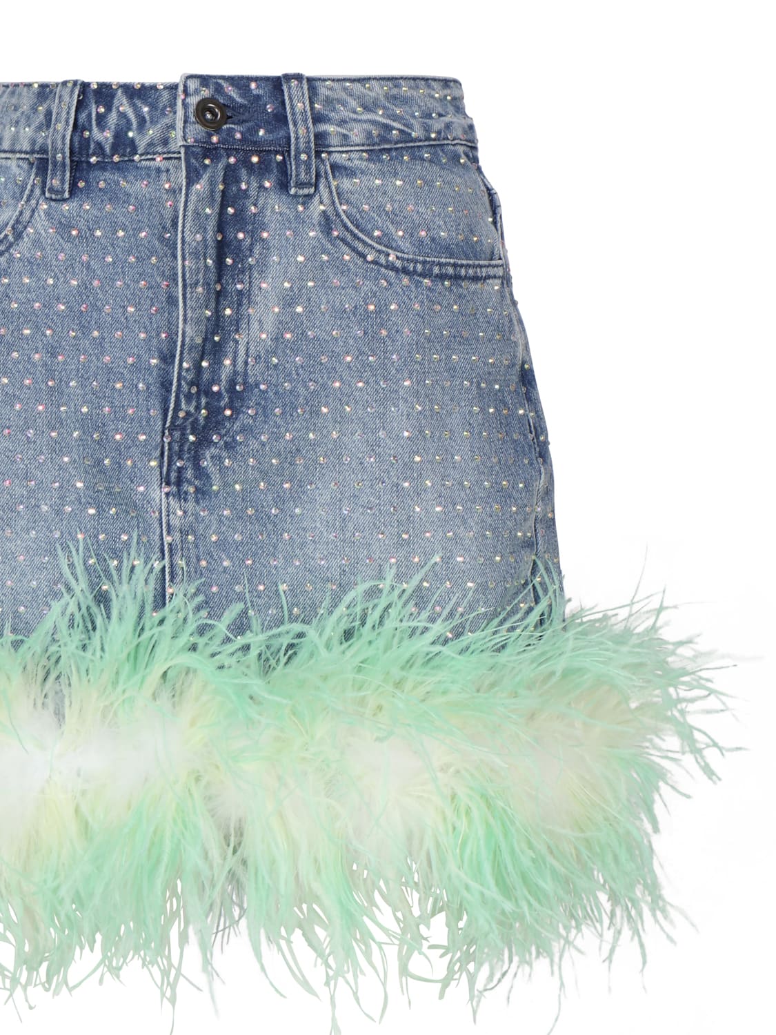 Shop Self-portrait Denim Skirt With Rhinestone Feathers In Blue, Green