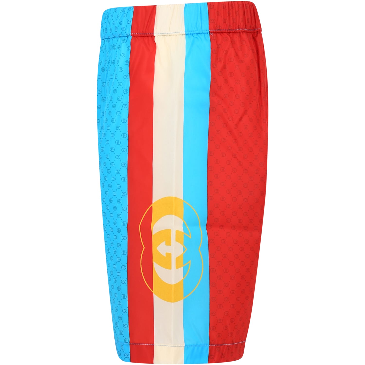Shop Gucci Multicolor Beach Shorts For Boy With All-over Logo Gg In Light Blue