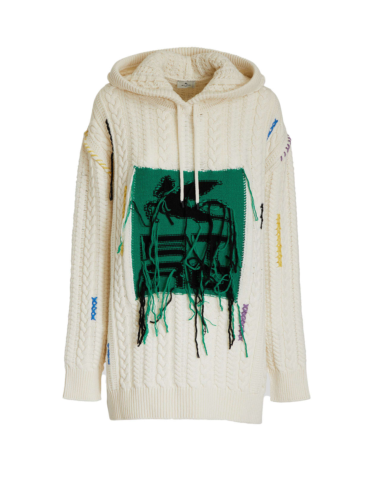 Etro Woman White Sweater With Hood And Green Pegasus Box Embroidery