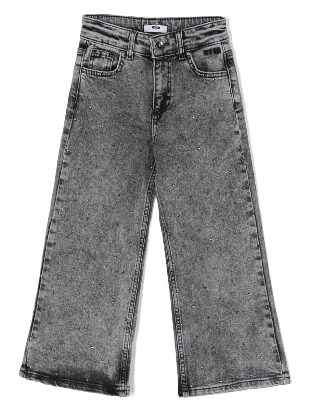 Shop Msgm Wide-leg Jeans In Grey Denim With Rhinestones In Grigio