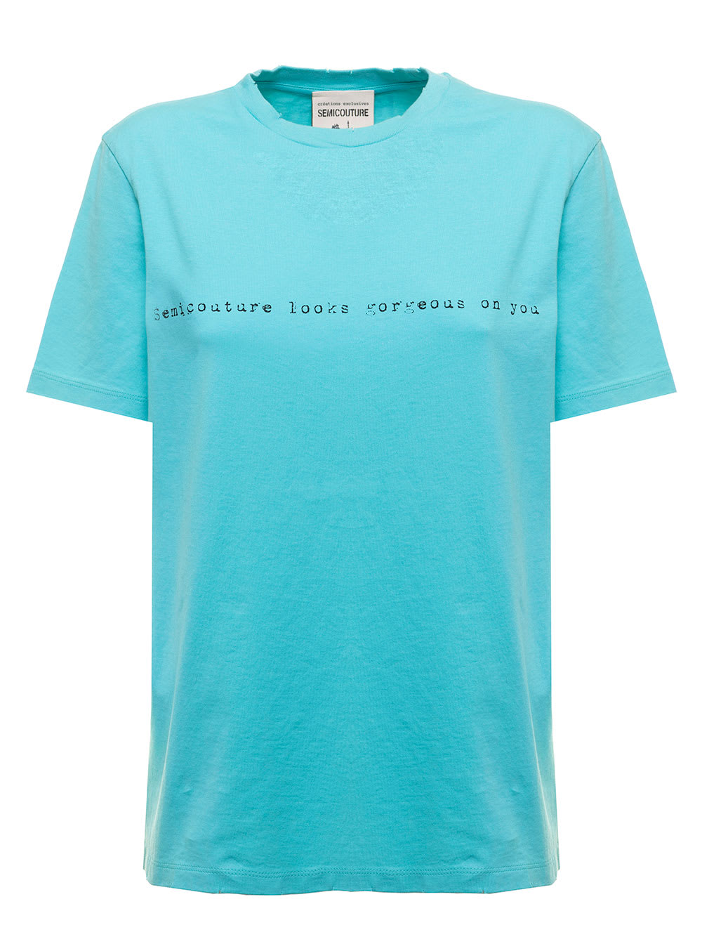 Semicouture Womans Light Blue Cotton T-shirt With Front Print