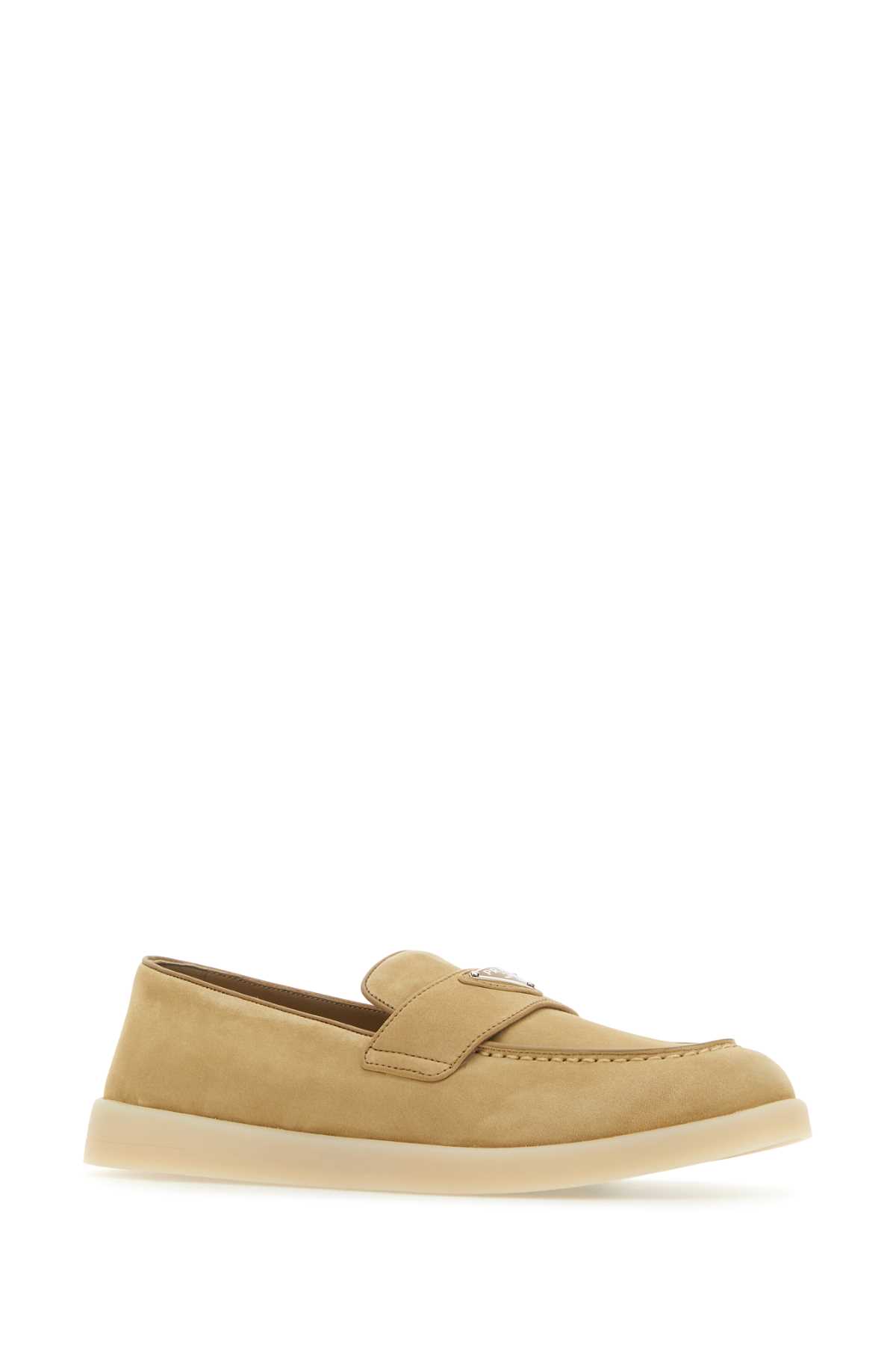 Prada Suede Loafers With Rubber Sole And Stitch Detailing In Brown