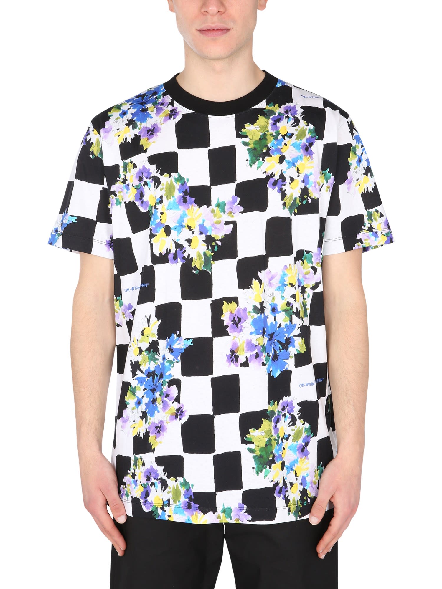 OFF-WHITE CHECK FLOWERS SCOOP NECK T-SHIRT,OMAA027 S21JER0268400