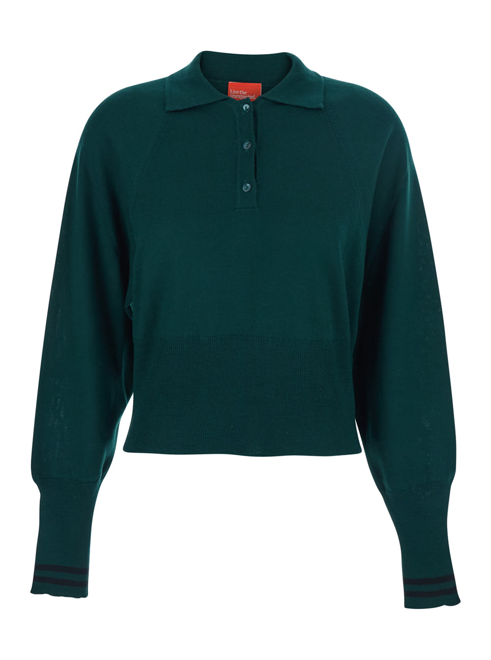 Merci Green Polo Shirt With Wide Classic Collar And Long-sleeve In Wool Woman In Green