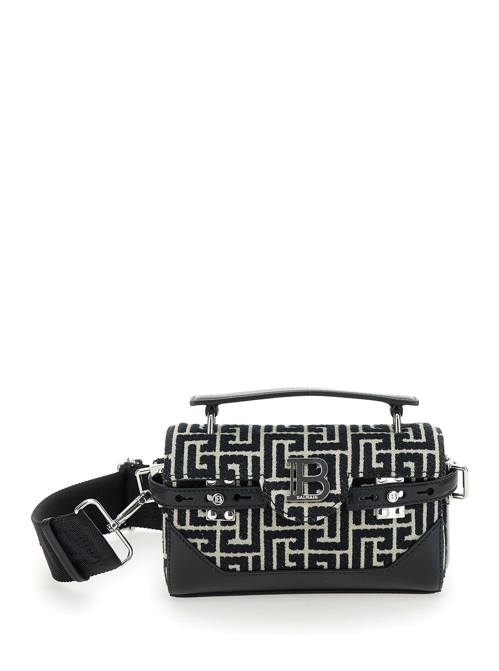 Shop Balmain B-buzz 19 Black And White Crossbody Bag With Monogram In Cotton And Leather Man