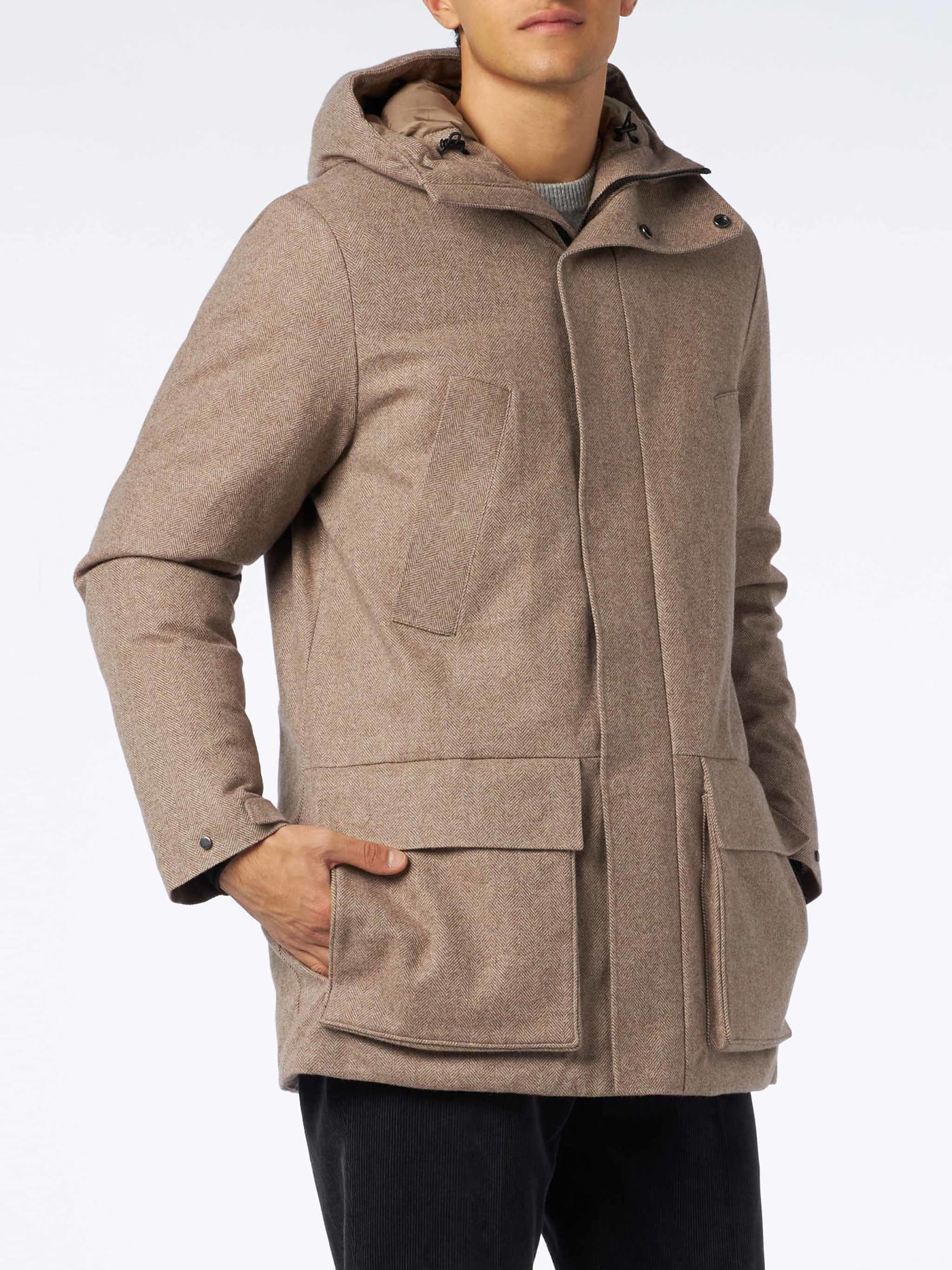 Shop Mc2 Saint Barth Man Hooded Parka With Herringbone Print In White