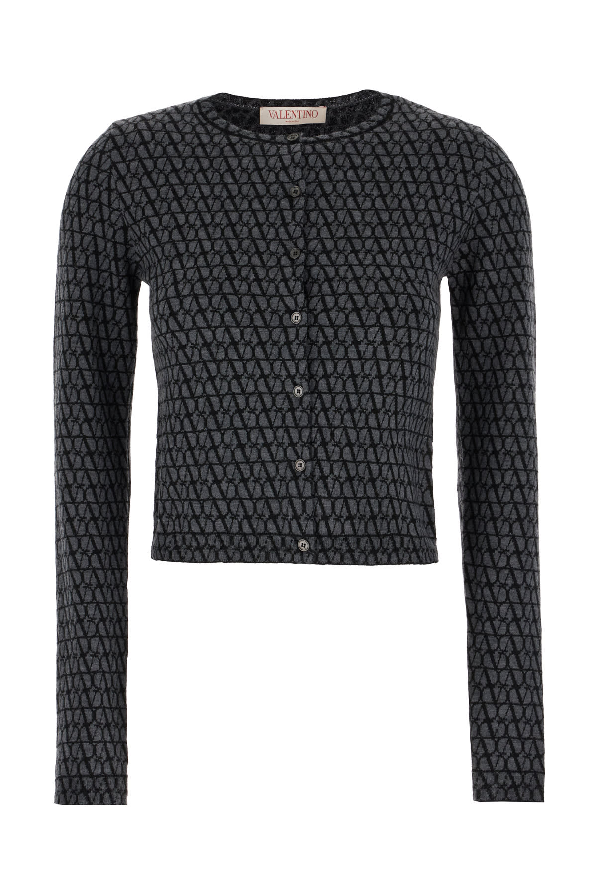 Valentino Embroidered Wool Cardigan In Grigio Melange Scuro Nero