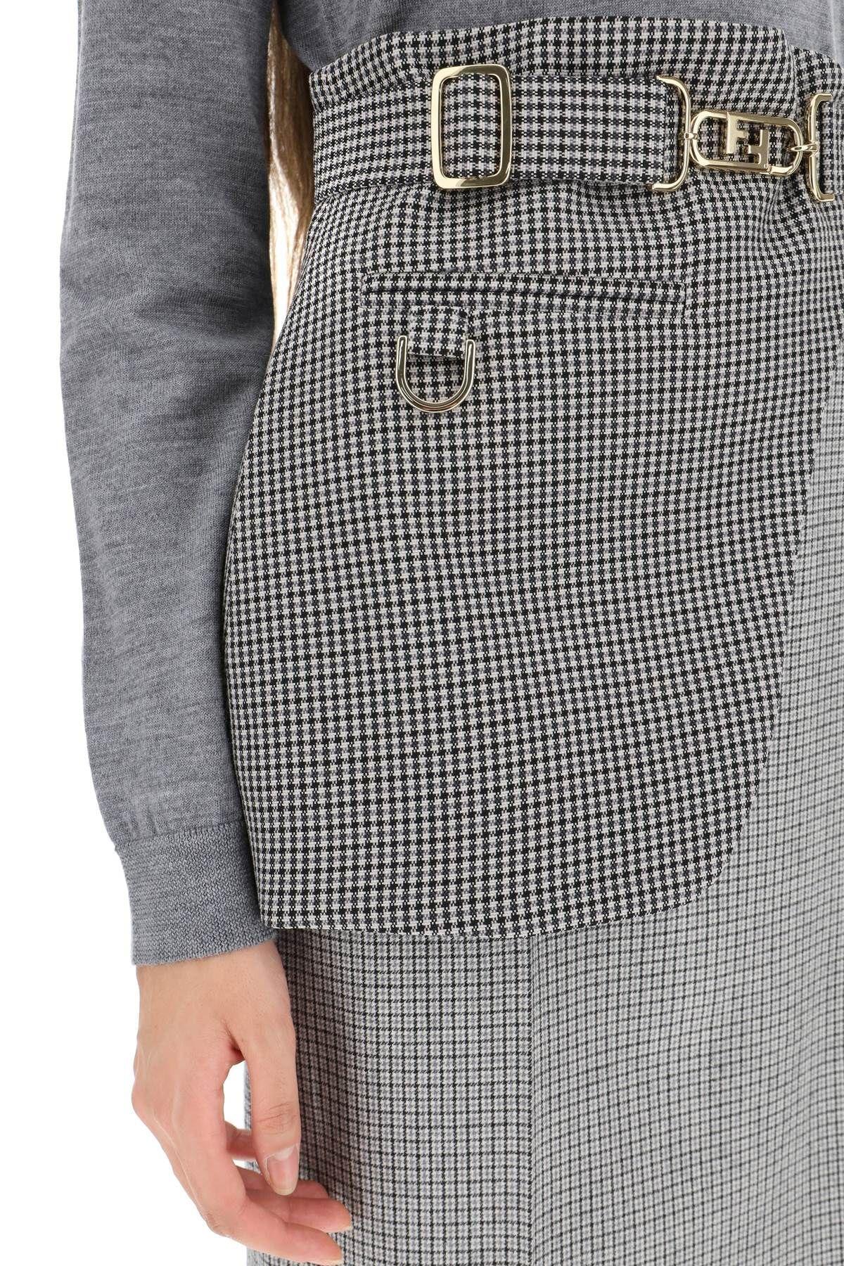 Fendi Houndstooth Wool Midi Skirt With Peplum Belt