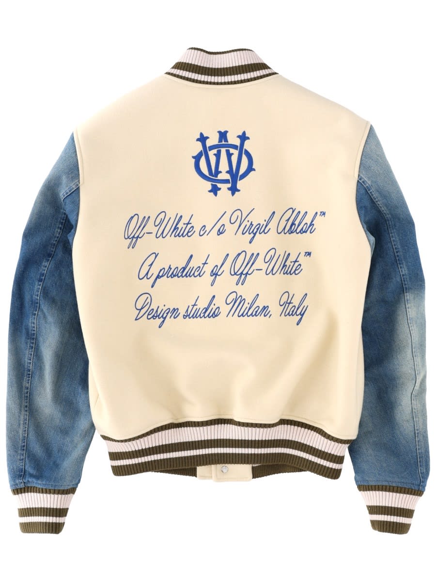 Off-white Gothic Wool Denim Varsity Puffer Jackets White In Multi