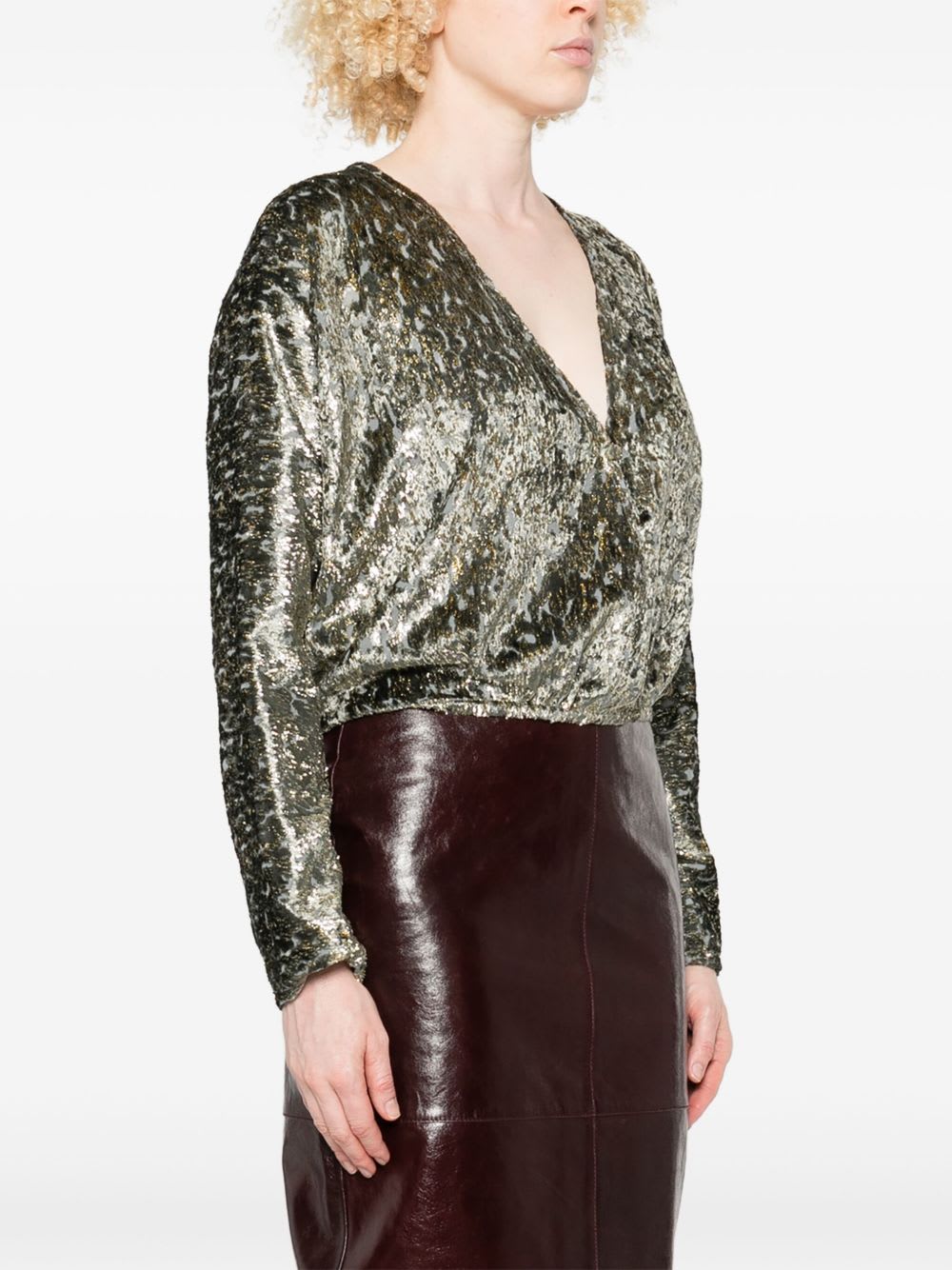 Forte Forte Metallic V-neck Long Sleeve Top In Gray