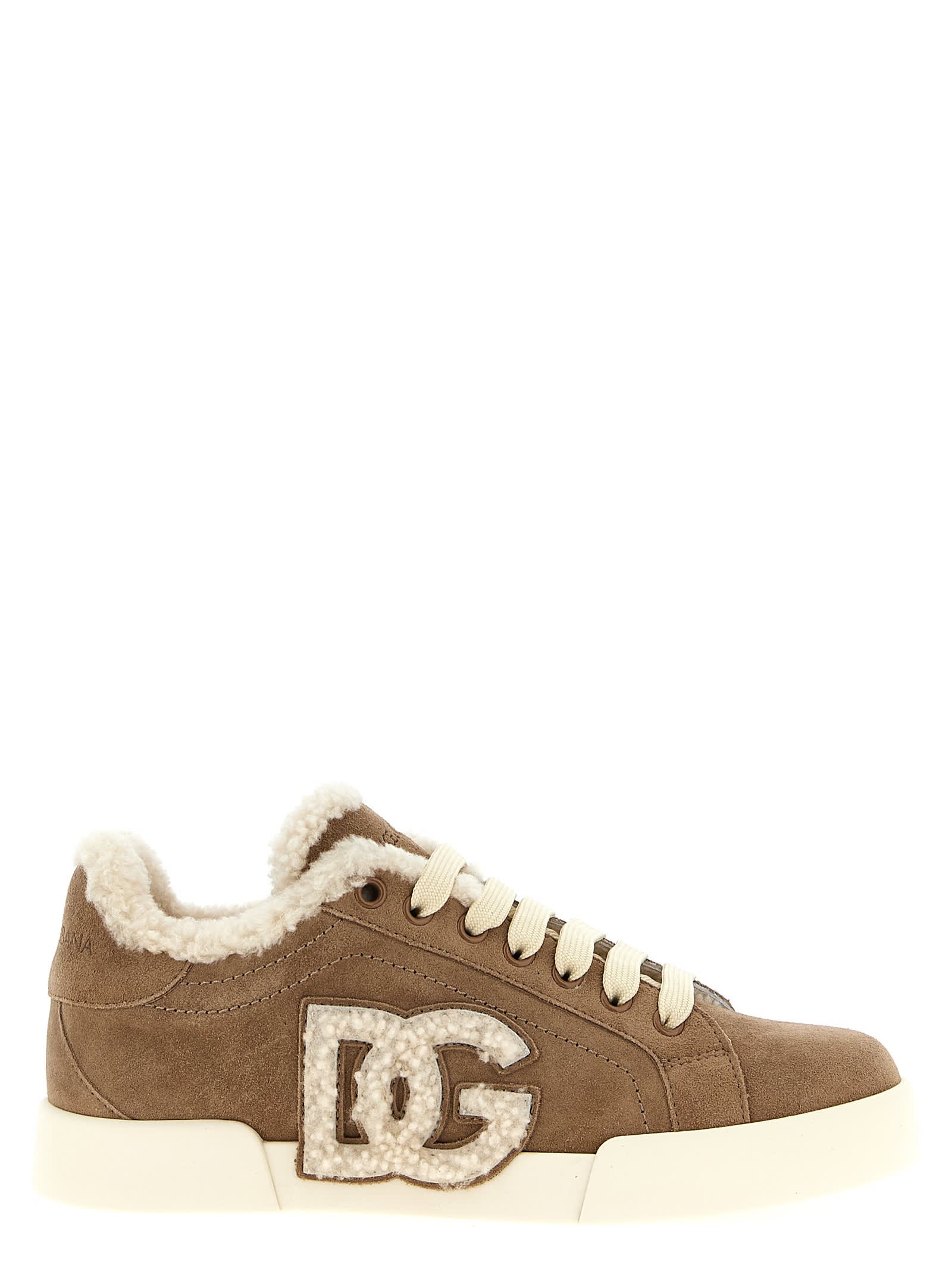 Dolce & Gabbana Suede Sneakers With Shearling Lining Shoes In Brown