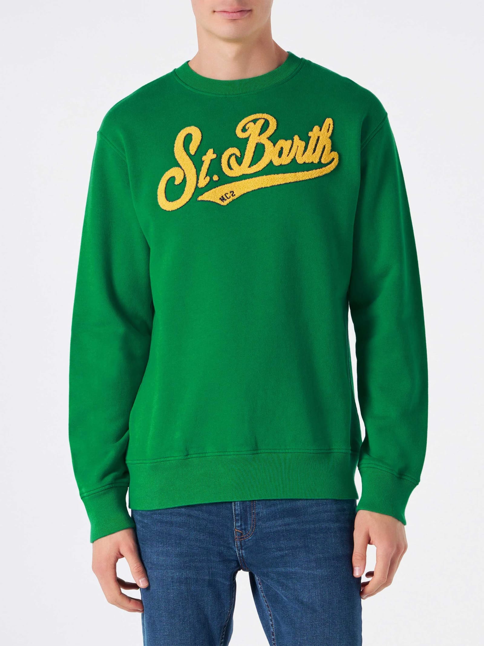 Mc2 Saint Barth Man Crewneck Sweatshirt With Terry Logo In Green