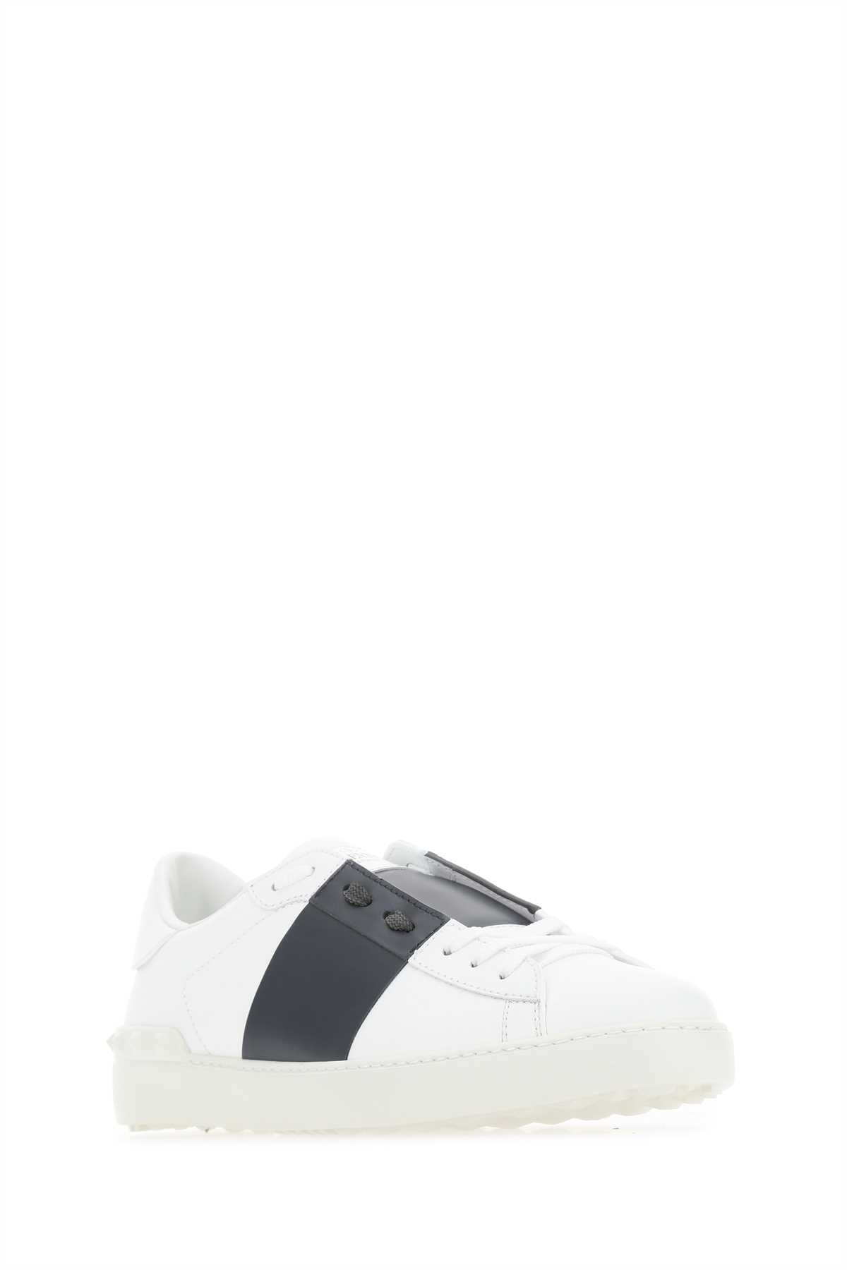 Shop Valentino White Leather Open Sneakers With Navy Blue Band In Biancomarinebianco