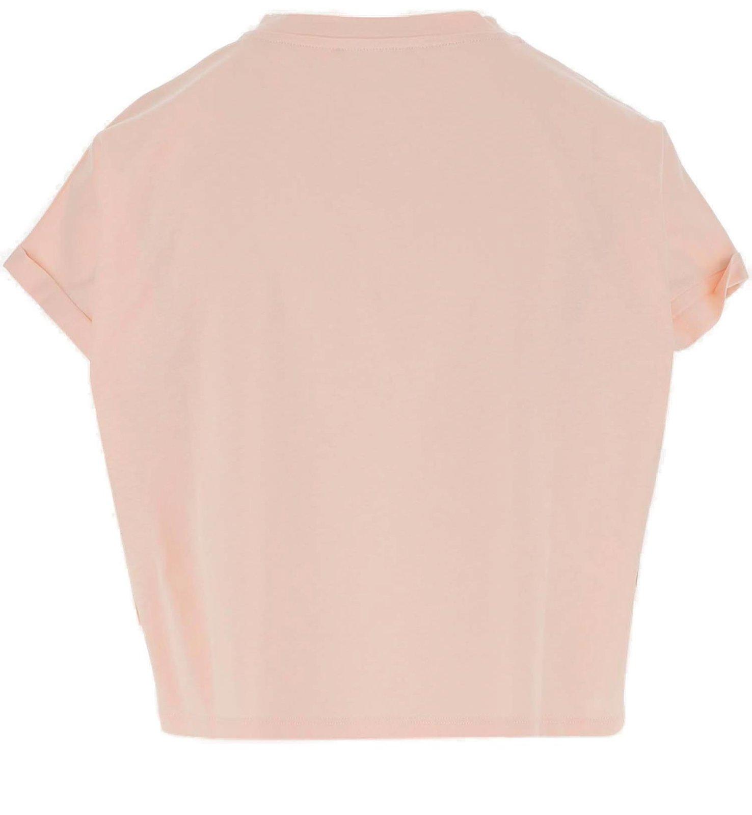 Shop Balmain Logo Printed Short-sleeved Cropped T-shirt In Rosa/bianco