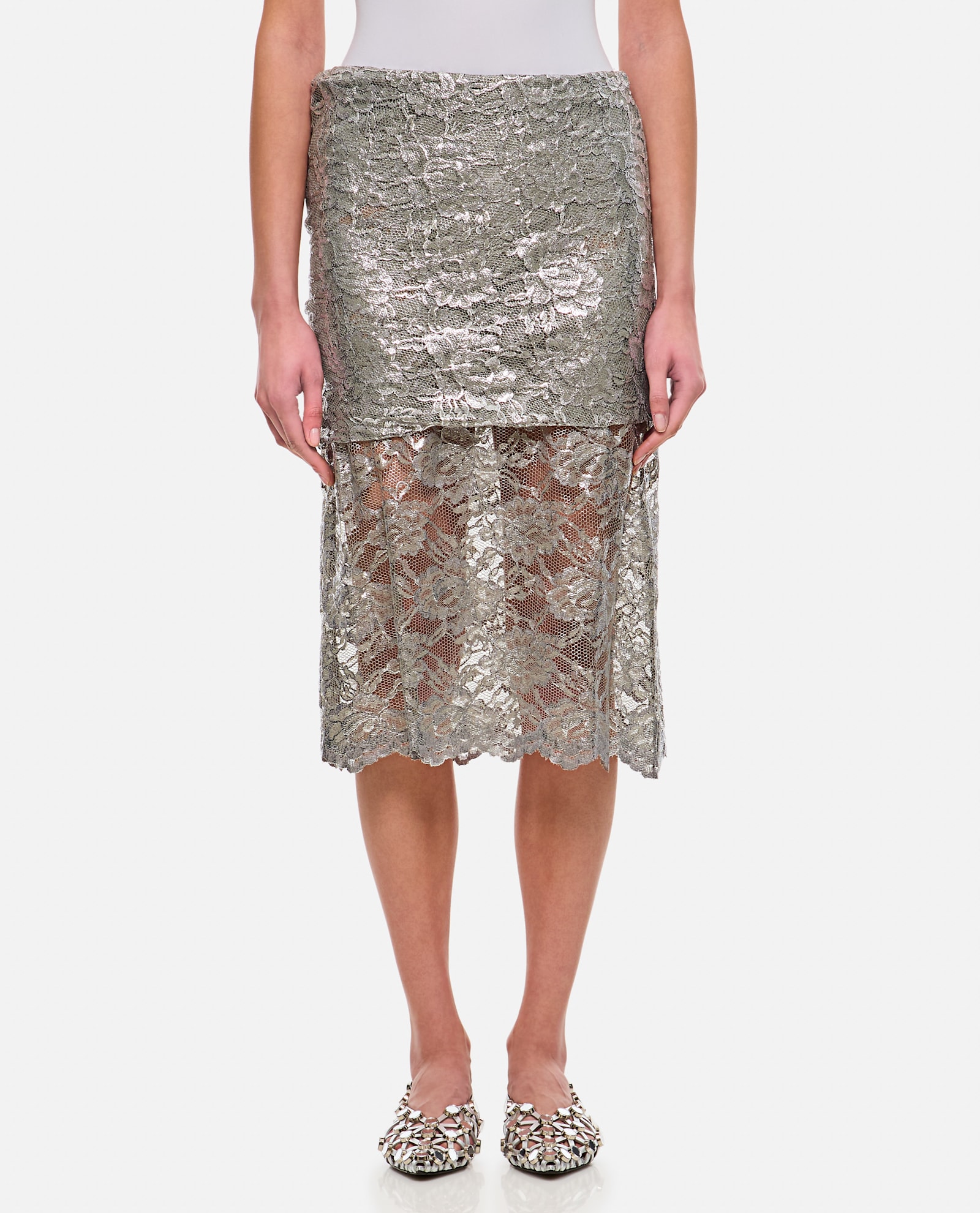 Attico Lace Midi Skirt In Silver