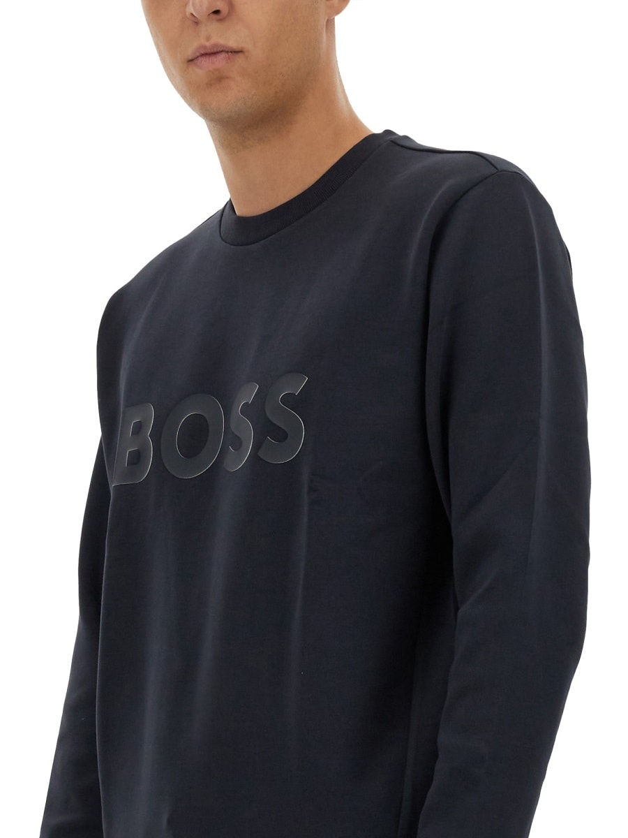 Hugo Boss Stretch-cotton Sweatshirt With Sandwich Logo In Blue
