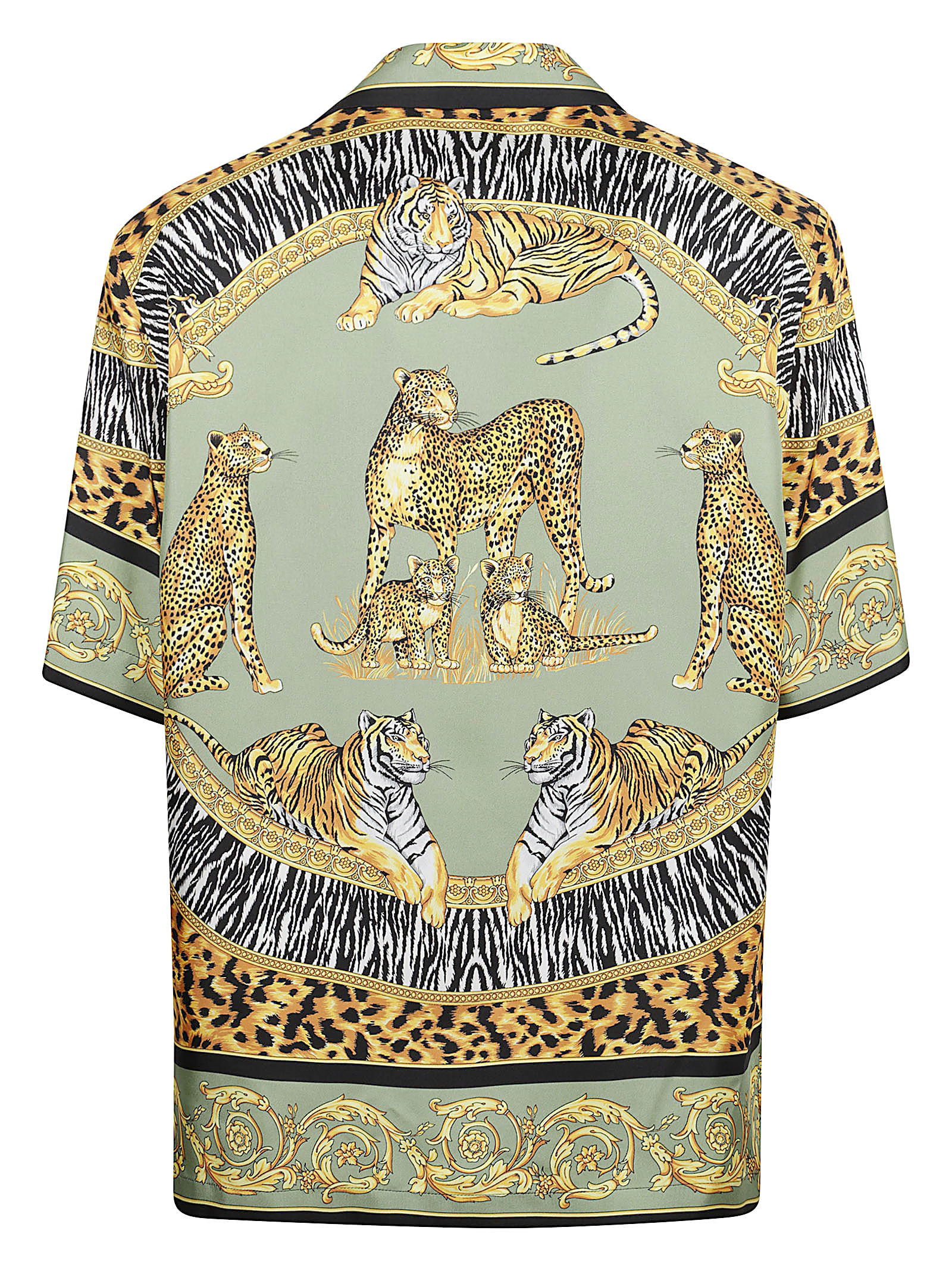 Versace Wild Cats Camp-collar Printed Silk-twill Shirt In Green