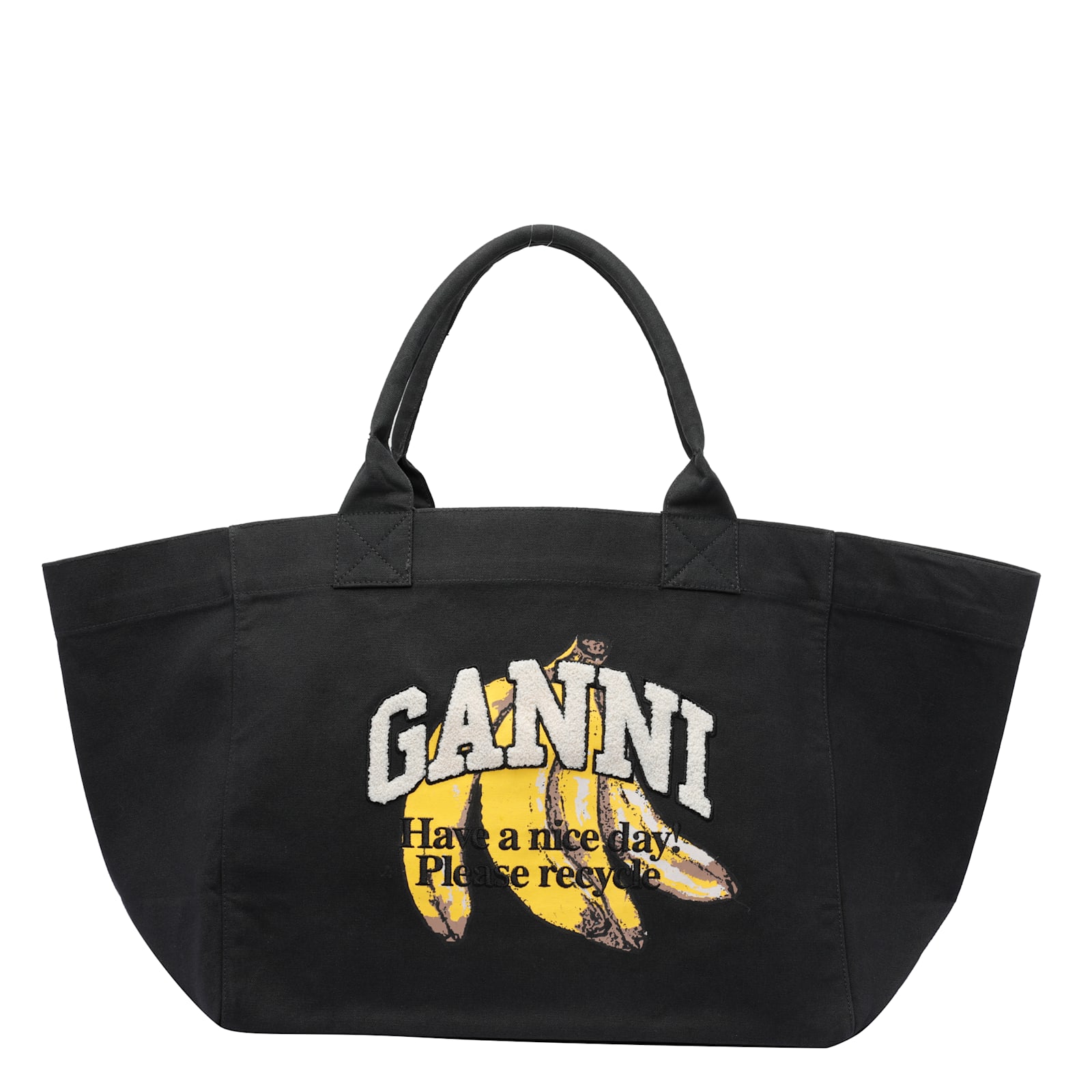 Ganni Banana Print Xxl Tote Bag With Spacious Interior In Black