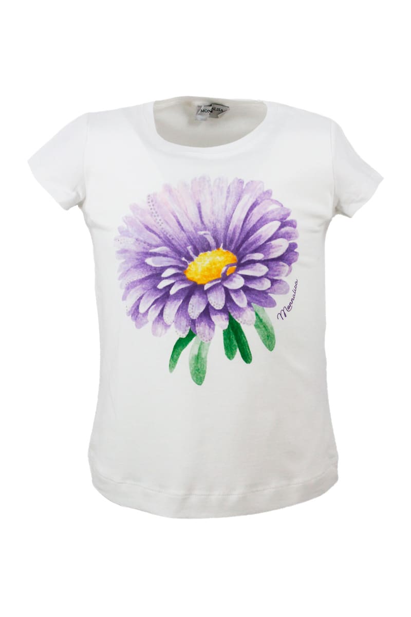 Monnalisa Short Sleeve Crew Neck T-shirt With Flower Print