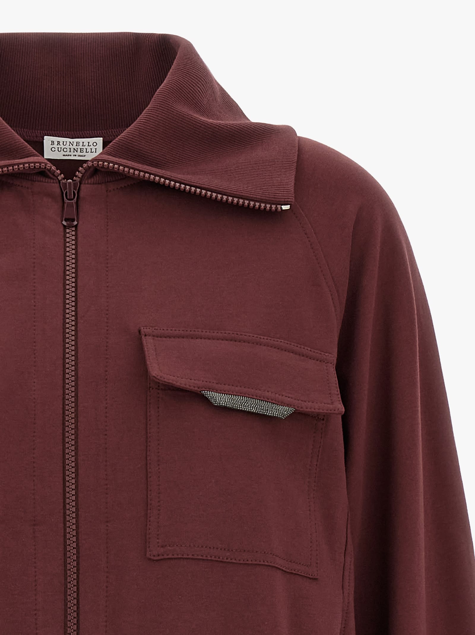 Brunello Cucinelli Collared Neck Sweatshirt With Shiny Flap Detail In Burgundy