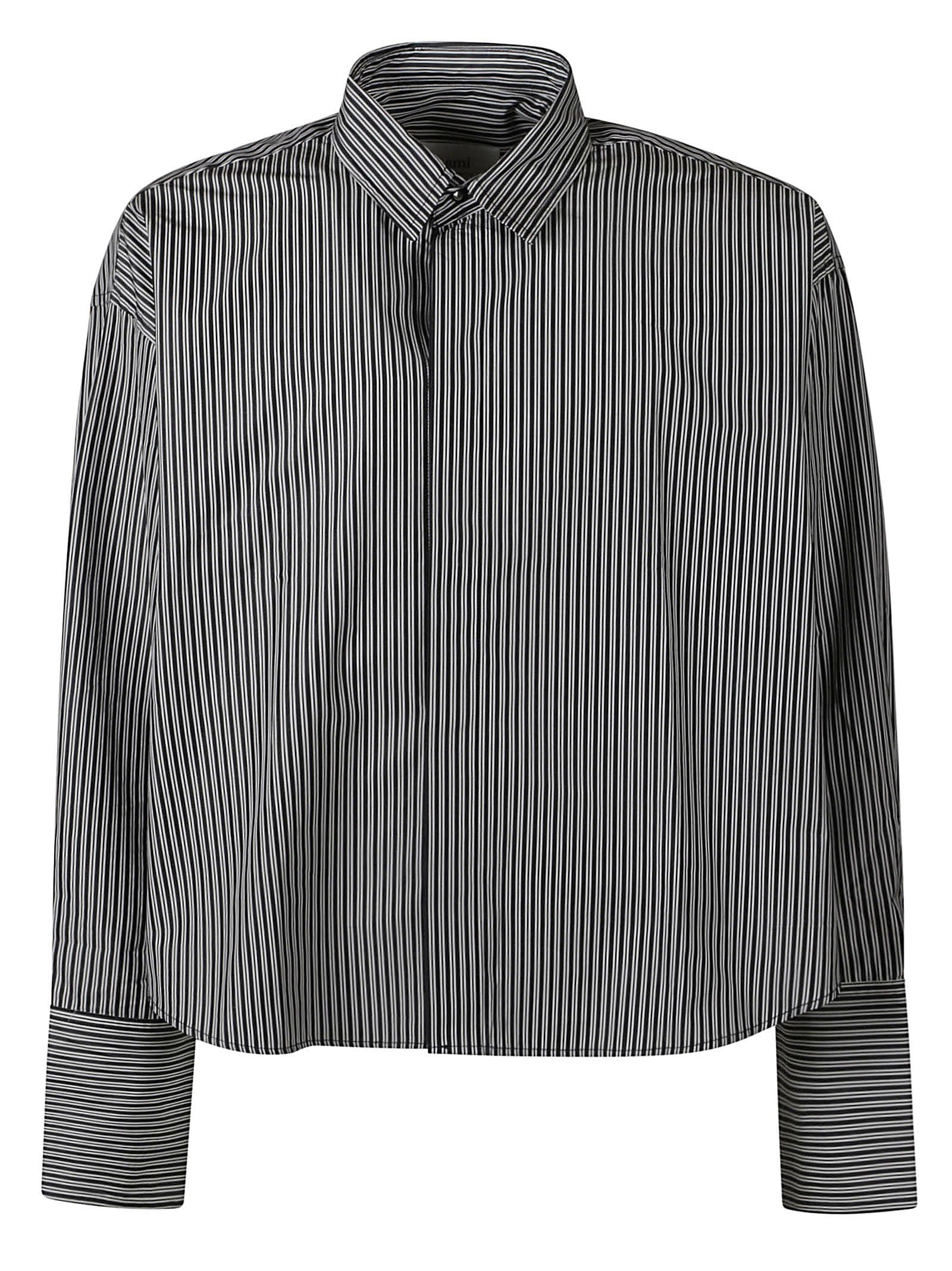 Shop Ami Alexandre Mattiussi Long-sleeved Crop Stripe Shirt In Black/chalk