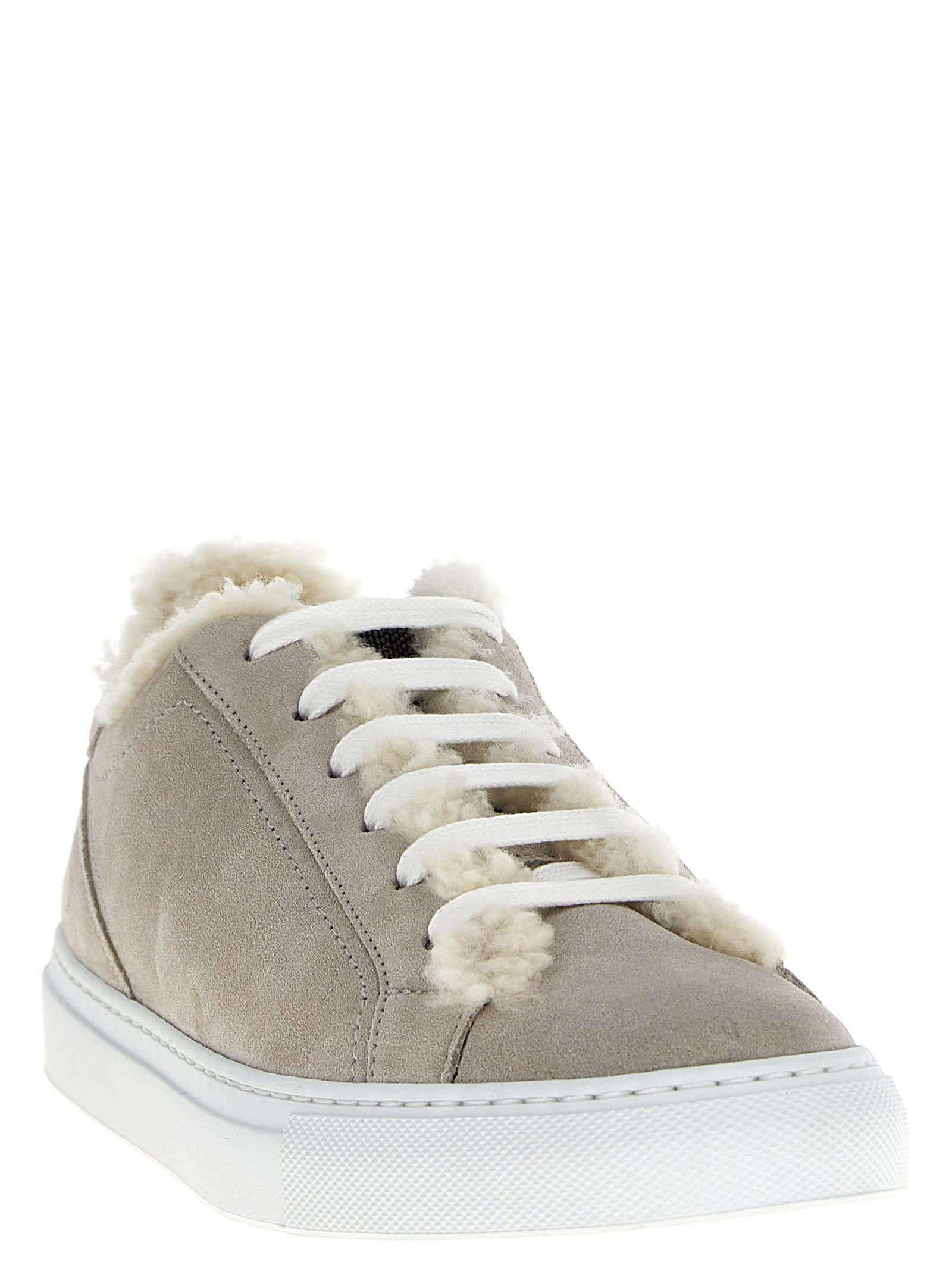 Shop Brunello Cucinelli Suede Fur Sneakers In Gray