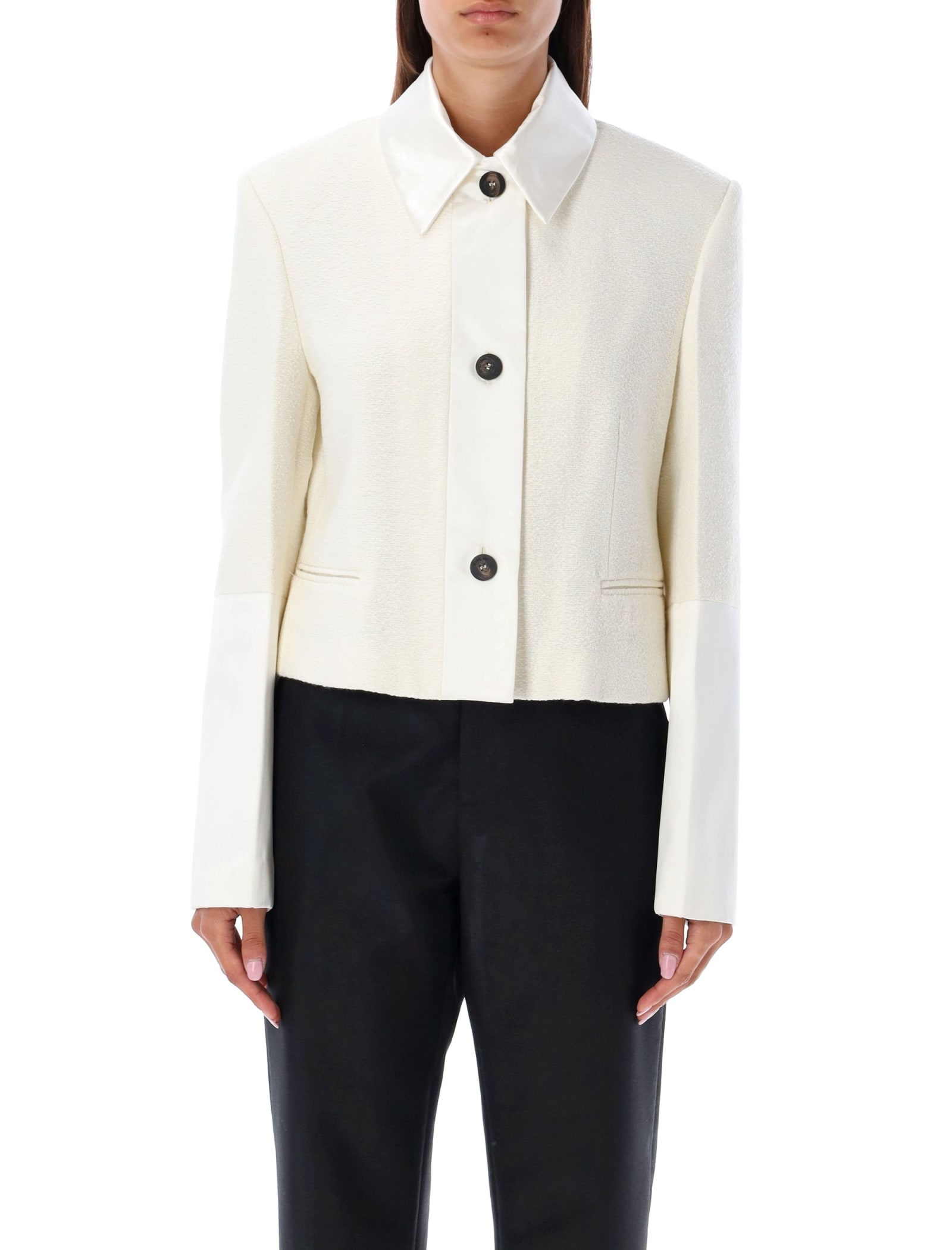 Shop Ferragamo Short Jacket With Satin Inserts In White