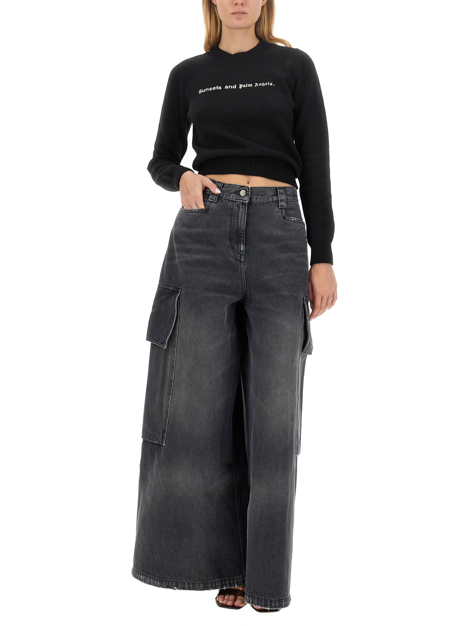 Palm Angels Sunsets-embroidered Merino-blend Jumper In Nero