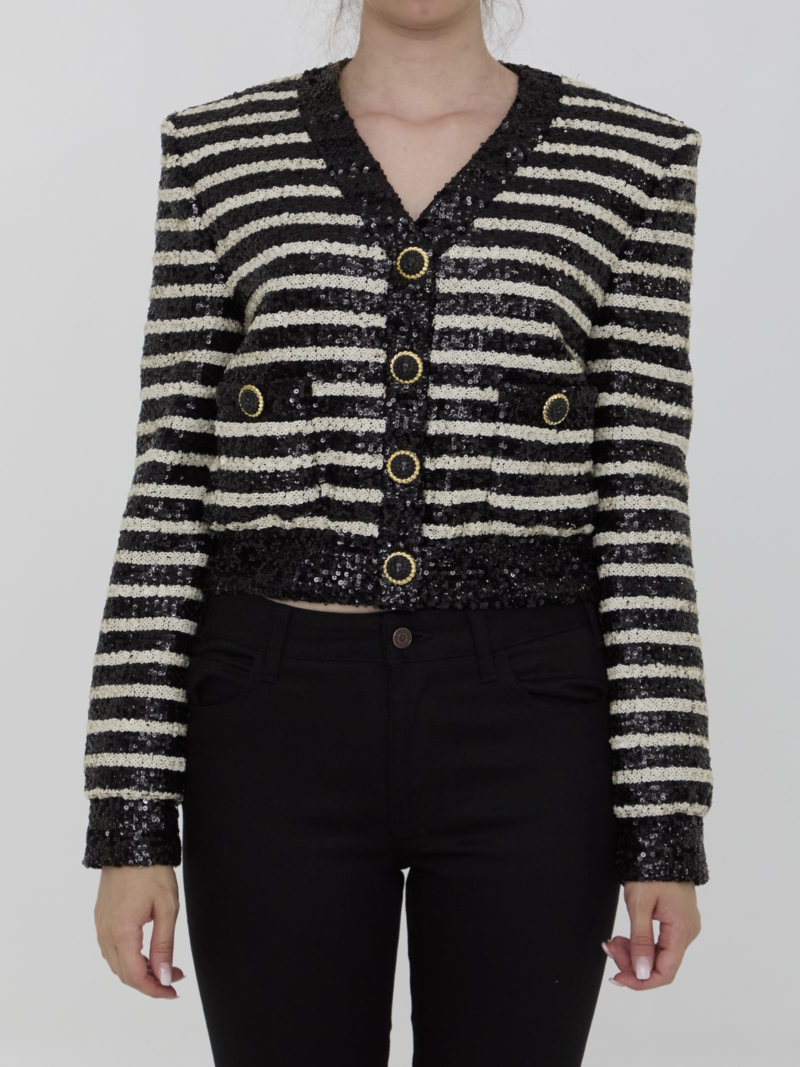 Shop Balmain Sequined Cropped Jacket In Black