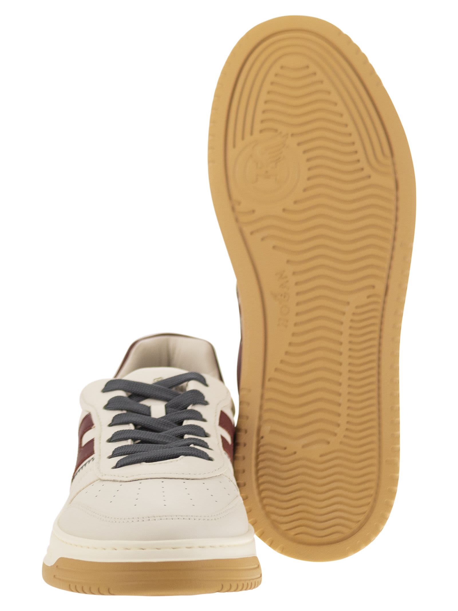 Shop Hogan H630 - Leather Lace-up Trainers In Ivory/bordeaux