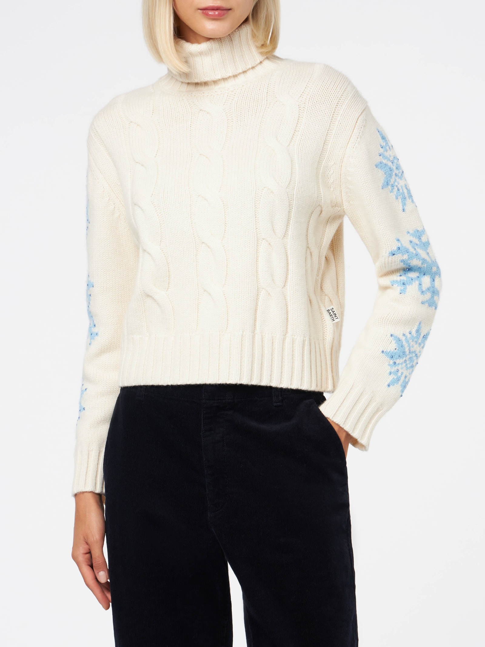 Shop Mc2 Saint Barth Woman Turtleneck Braided Sweater With Snowflake Rhinestones In White