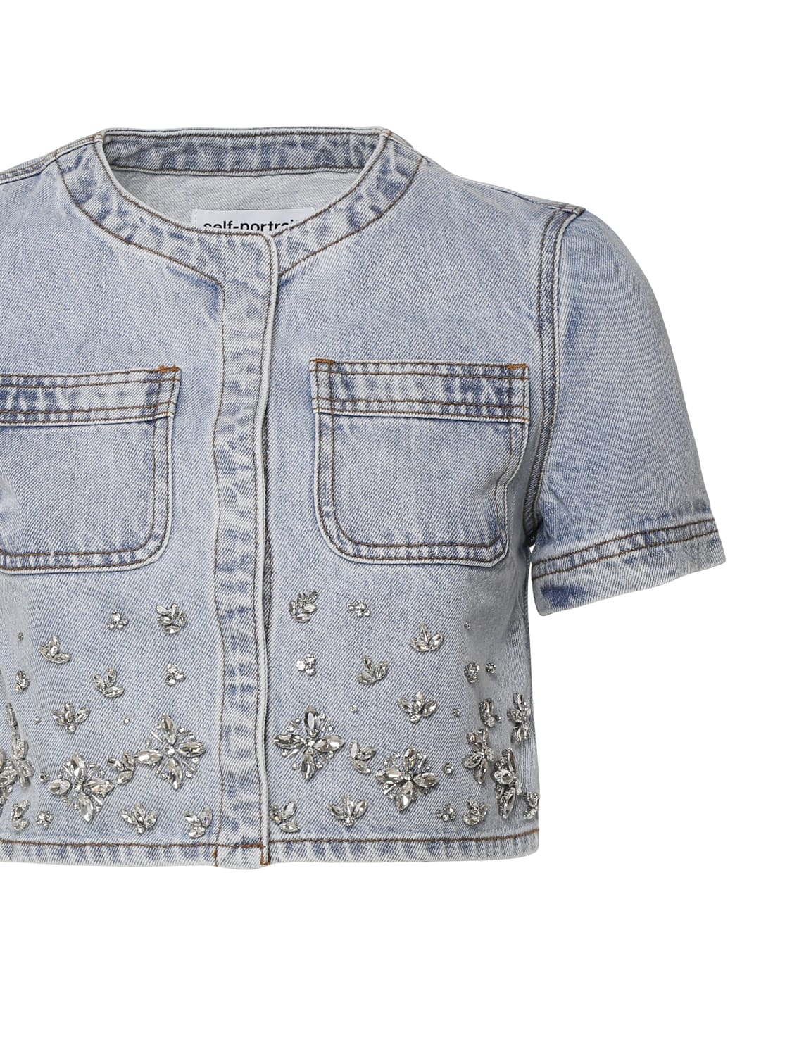 Shop Self-portrait Cropped Jacket With Short Sleeves In Blue