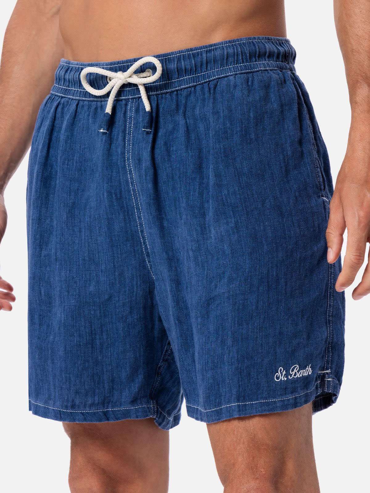 Mc2 Saint Barth Man Mid-length Denim Blue Linen Swim-shorts Gustavia In Blue