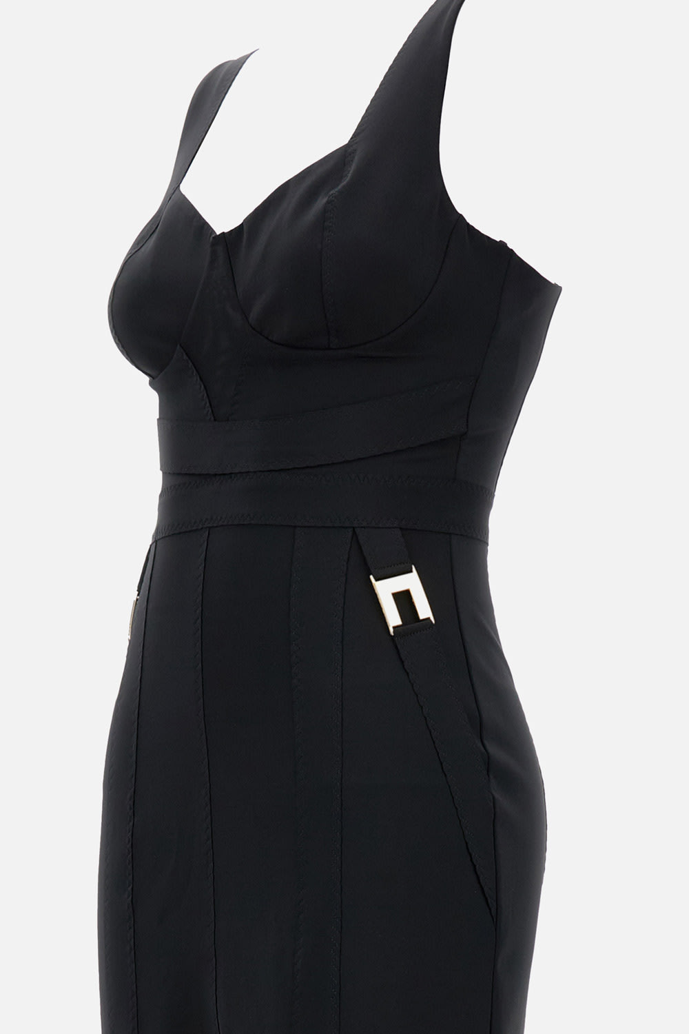 Elisabetta Franchi Sleeveless Round Neck Mini Fitted Chain Dress In Black