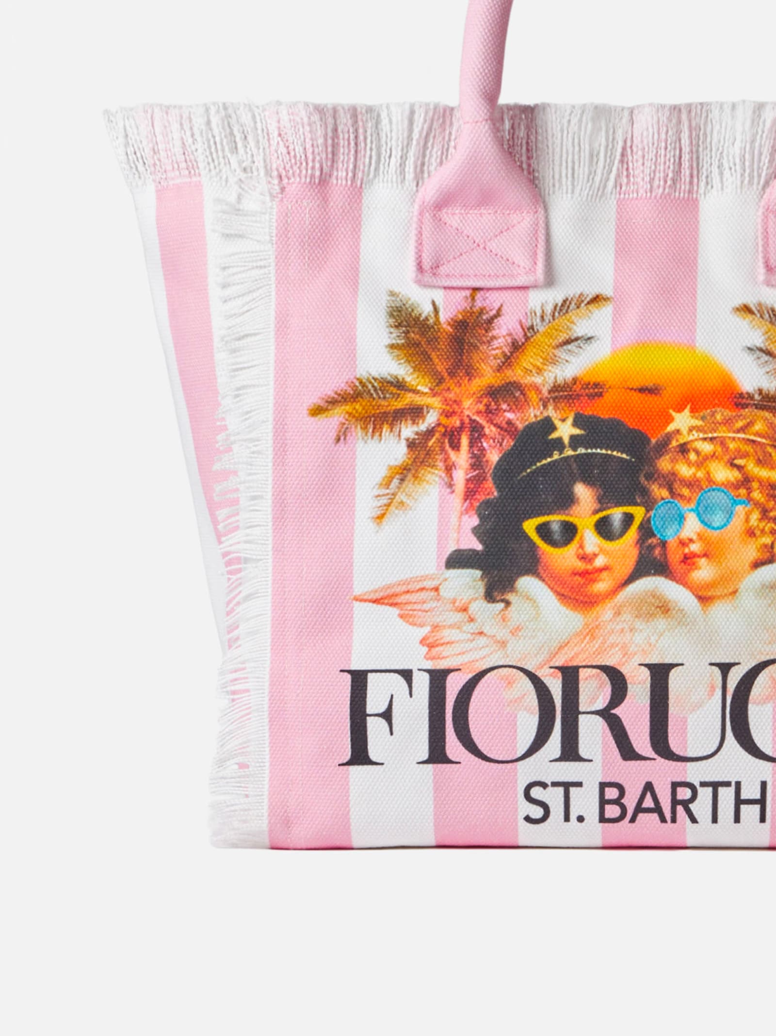 Shop Mc2 Saint Barth Vanity Canvas Shoulder Bag With White And Pink Stripes And Fiorucci Angels Print Fiorucci Special Ed