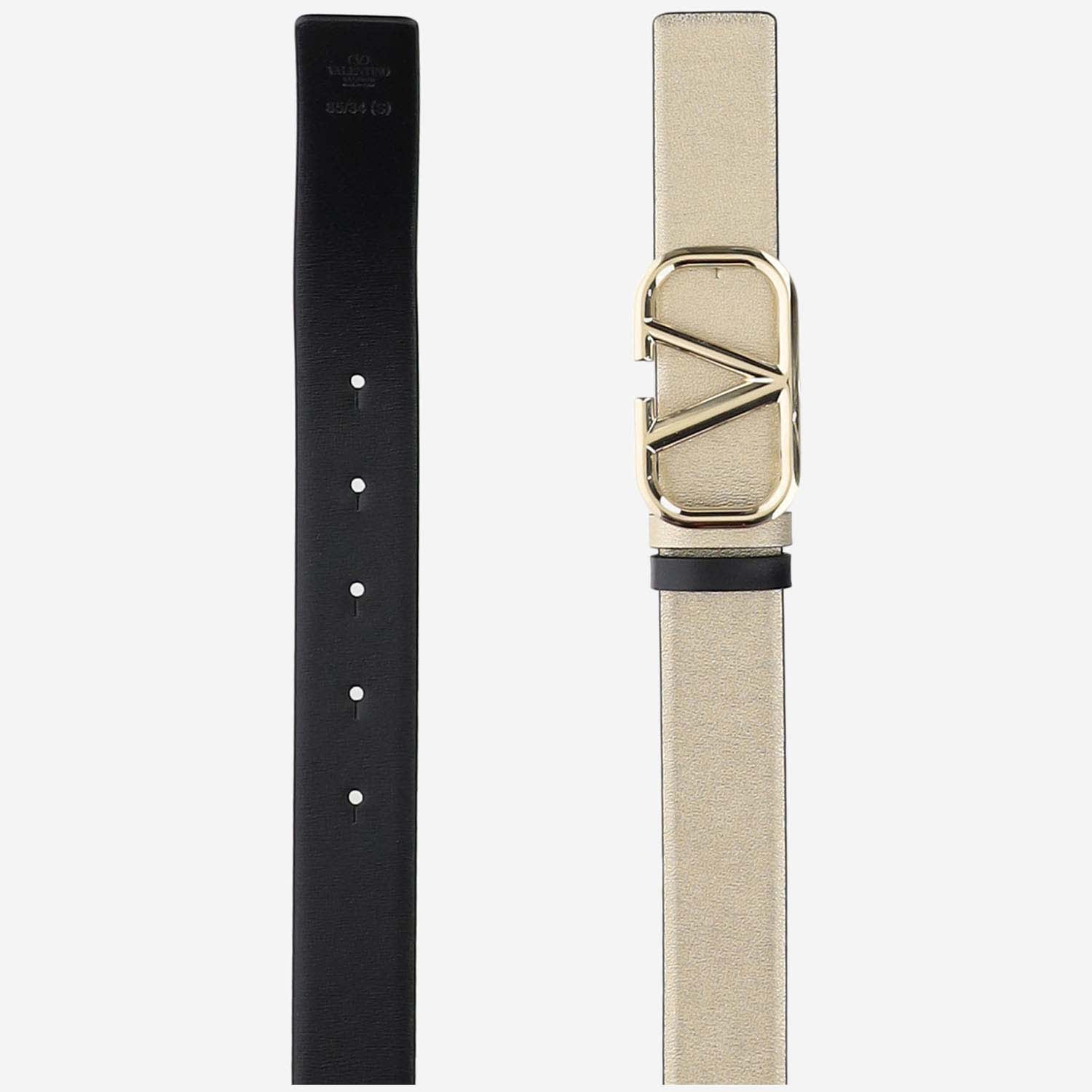 Shop Valentino 30mm Vlogo Signature Reversible Leather Belt In Golden