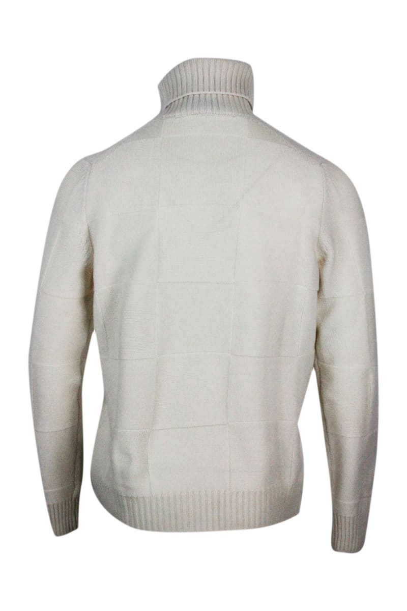 Barba Napoli Turtleneck Sweater In Pure And Soft Cashmere With Alternating Embossed Squares In White