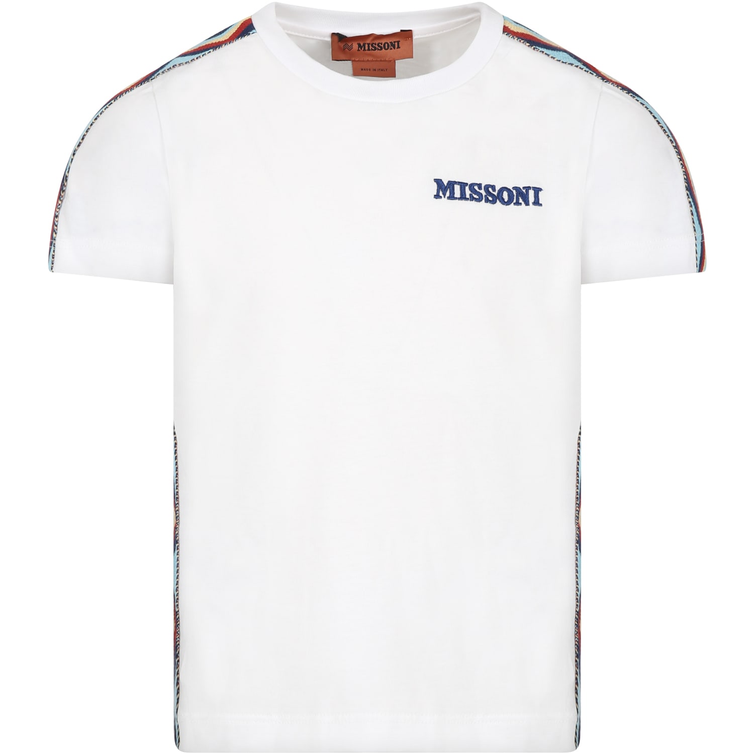 MISSONI WHITE T-SHIRT FOR KIDS WITH LOGO AND ICONIC CHEVRON MOTIF