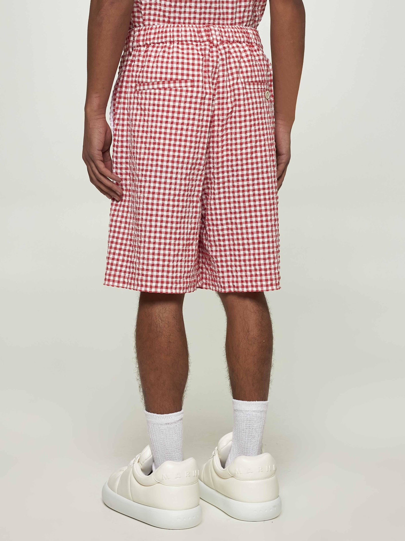 Marni Checked Seersucker Bermuda Shorts In Red