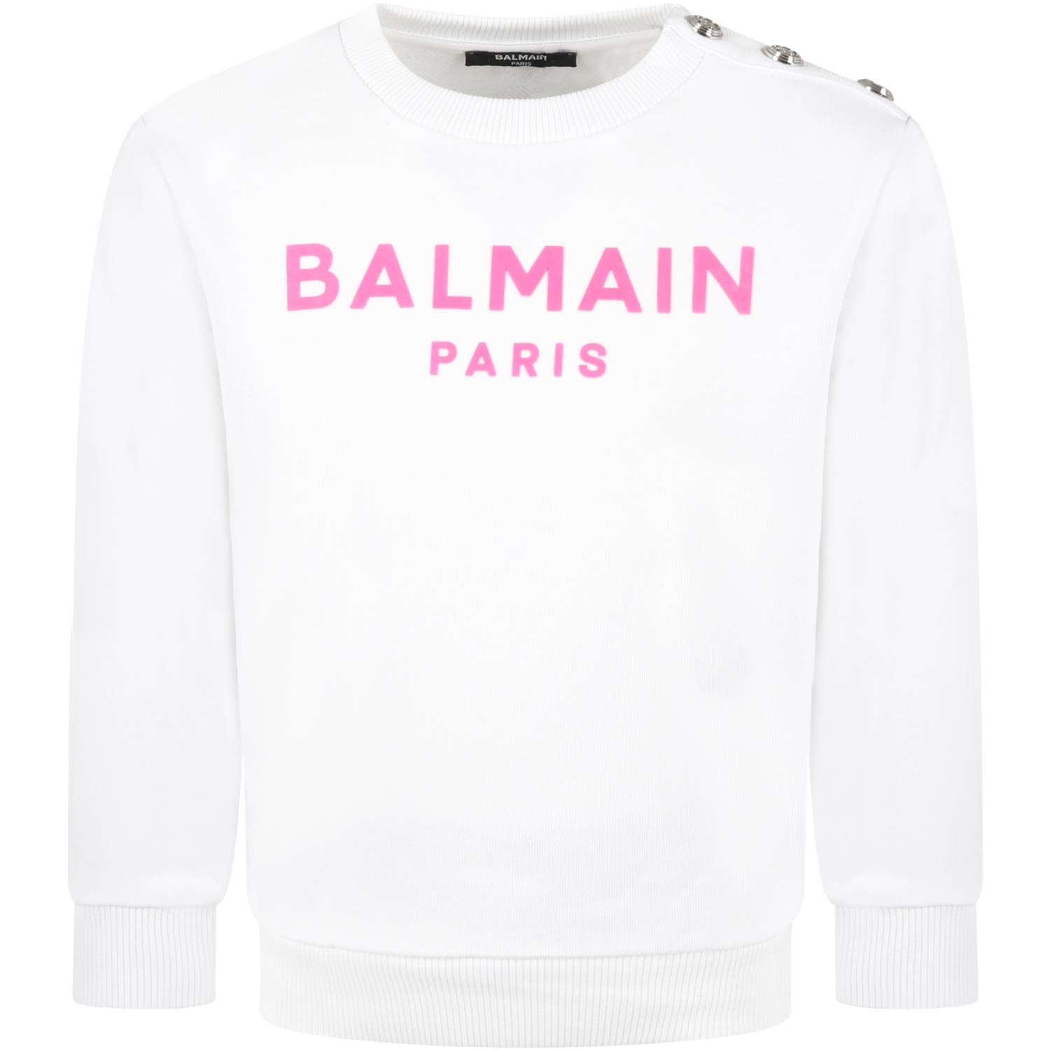 Balmain White Sweatshirt For Girl With Neon Fuchsia Logo