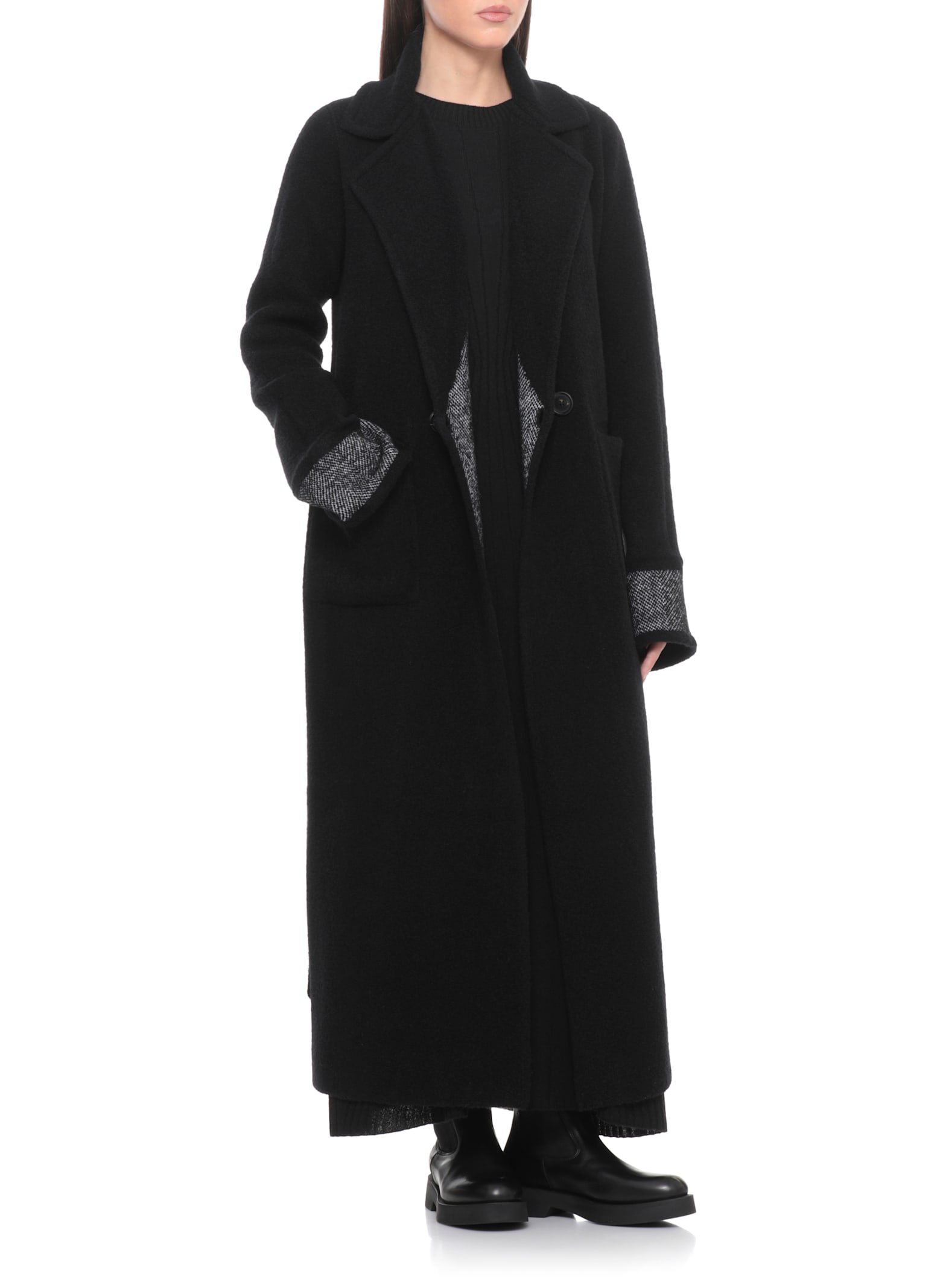 D Exterior Wool Double-breasted Coat In Black