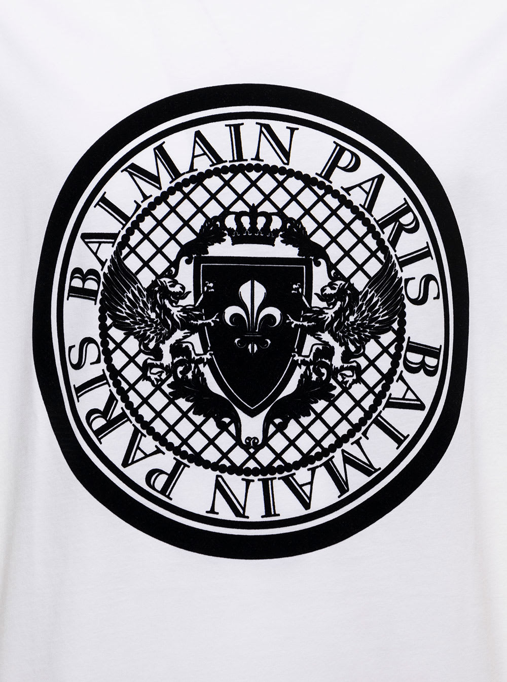 Shop Balmain Mans White Cotton T-shirt With Coin Flock Print In Bianco/nero