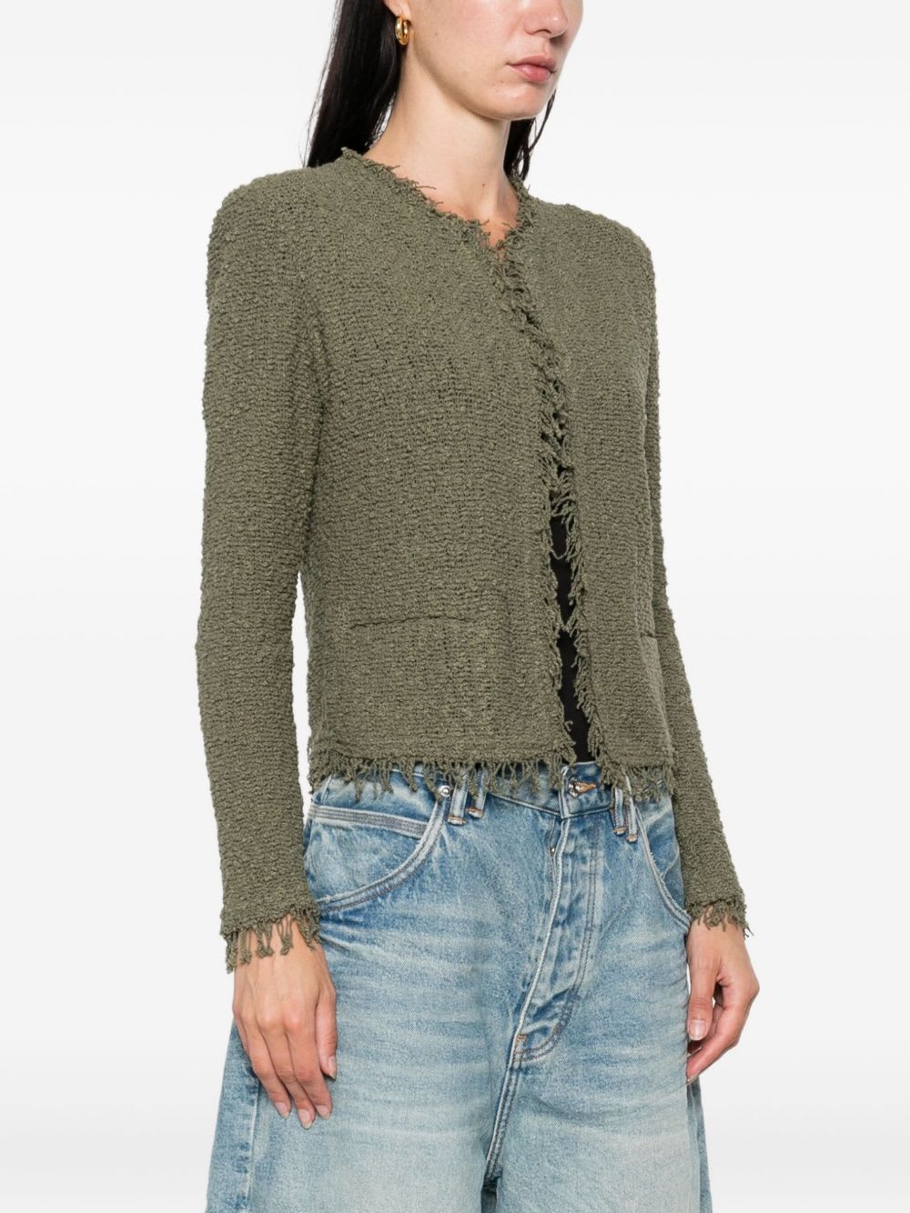 Iro Cotton Jacket With Frayed Edges And Tweed Texture In Green