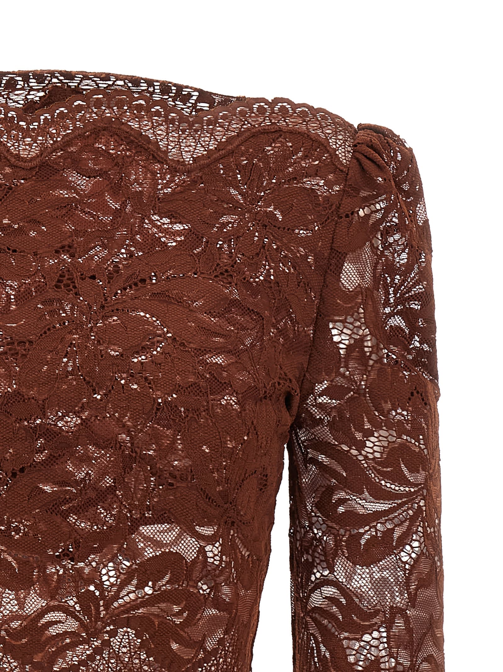 Rabanne Floral Lace Long Sleeve Cropped Top In Brown