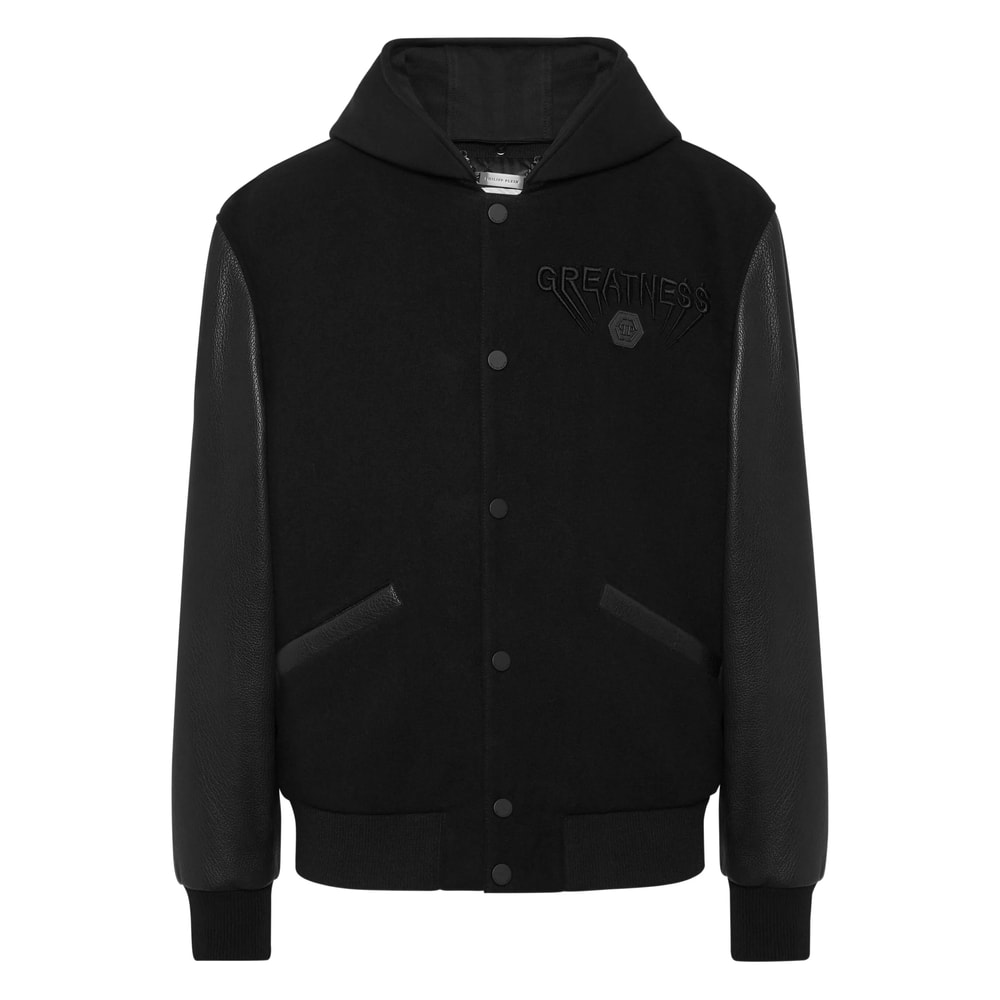 Philipp Plein Logo Bomber Jacket With Hood And Leather Sleeves In Black