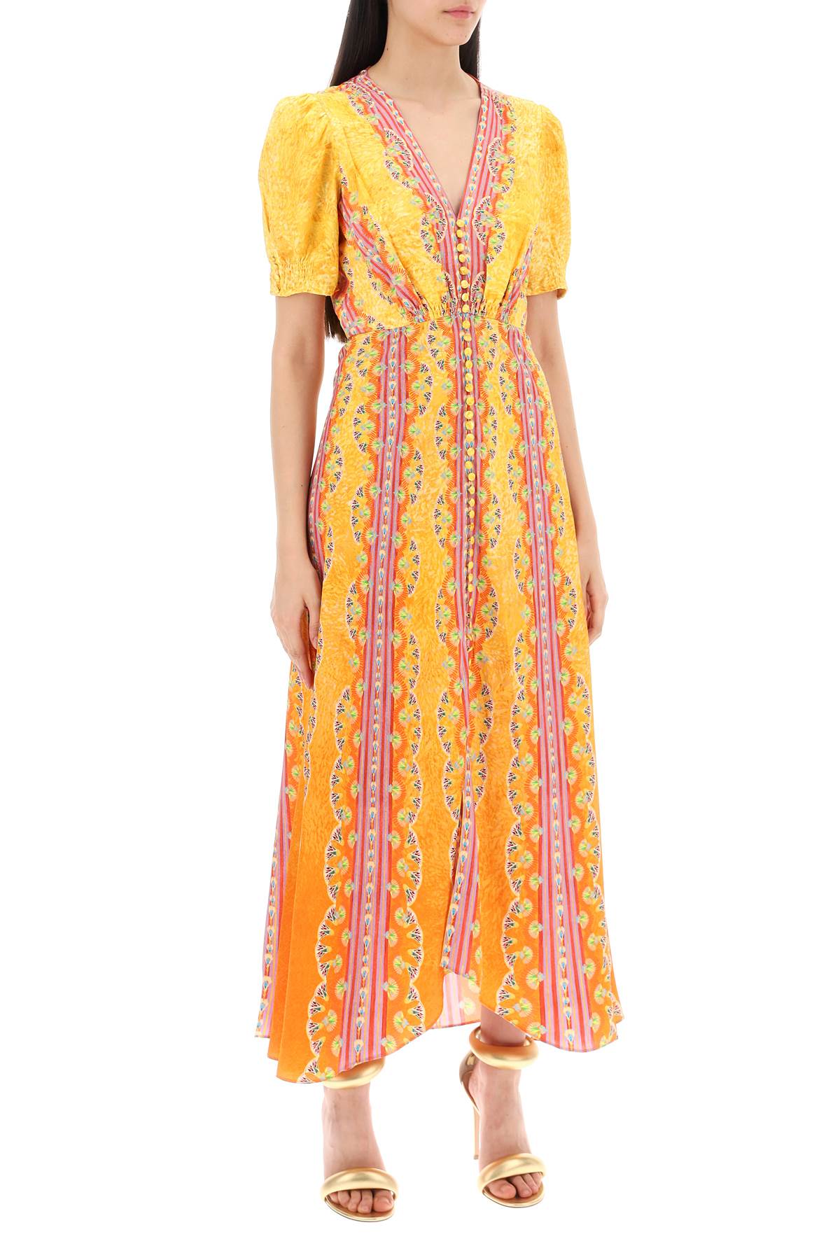 Shop Saloni Long Silk Dress Lea In Eight In Carnival Stripe Plmt (yellow)